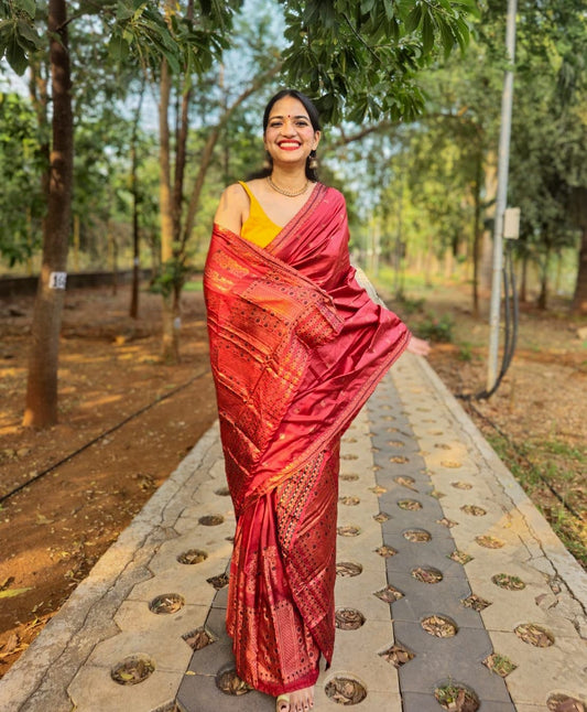 Seuli Red Mekhela Chador Saree