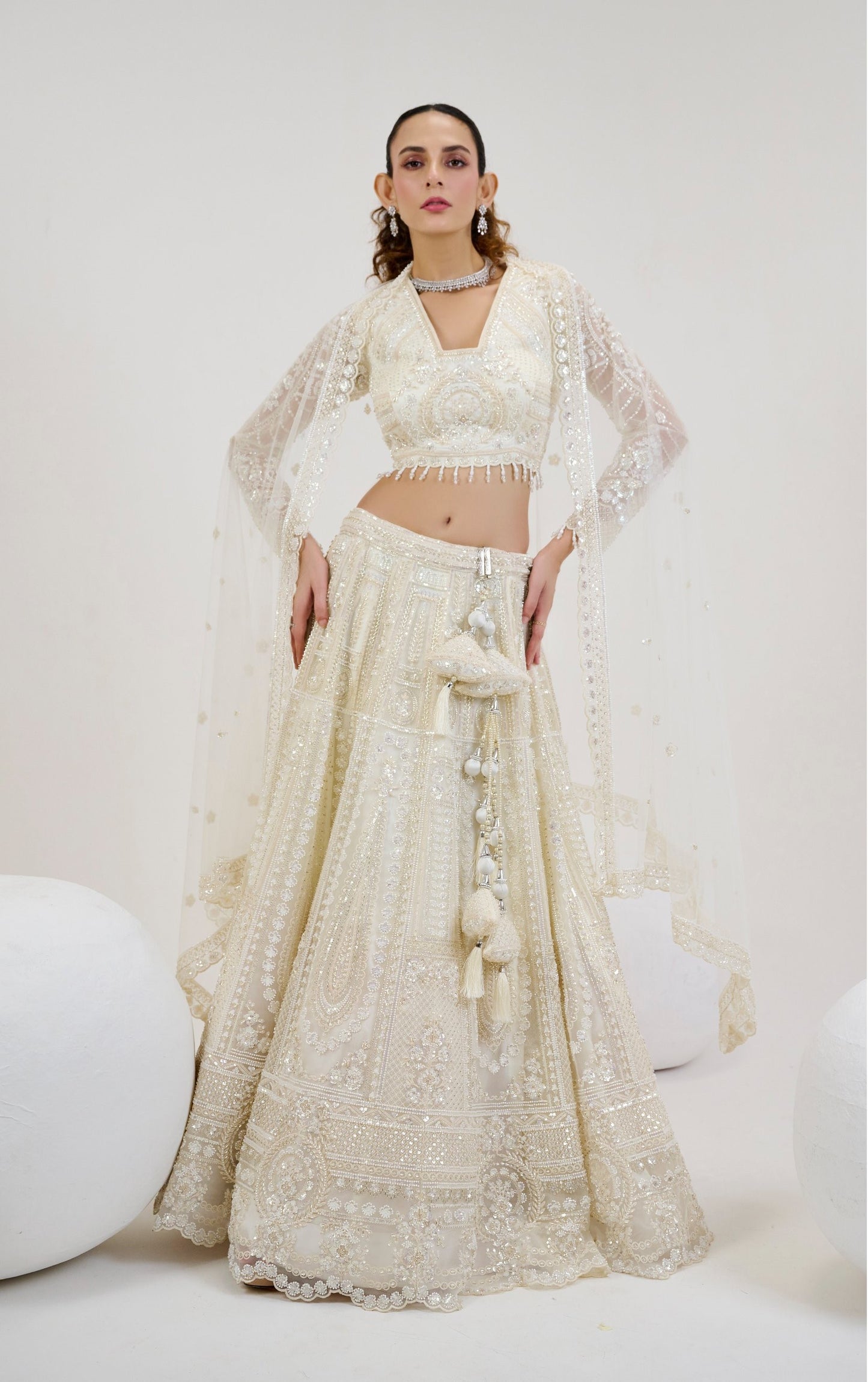 White Beads Work Net Lehenga Choli