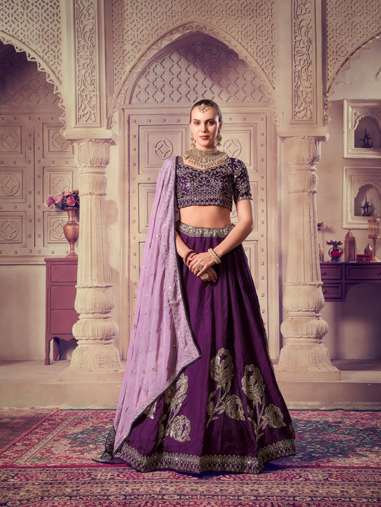 Wine Sequence Embroidery Viscose Upada Silk Lehenga