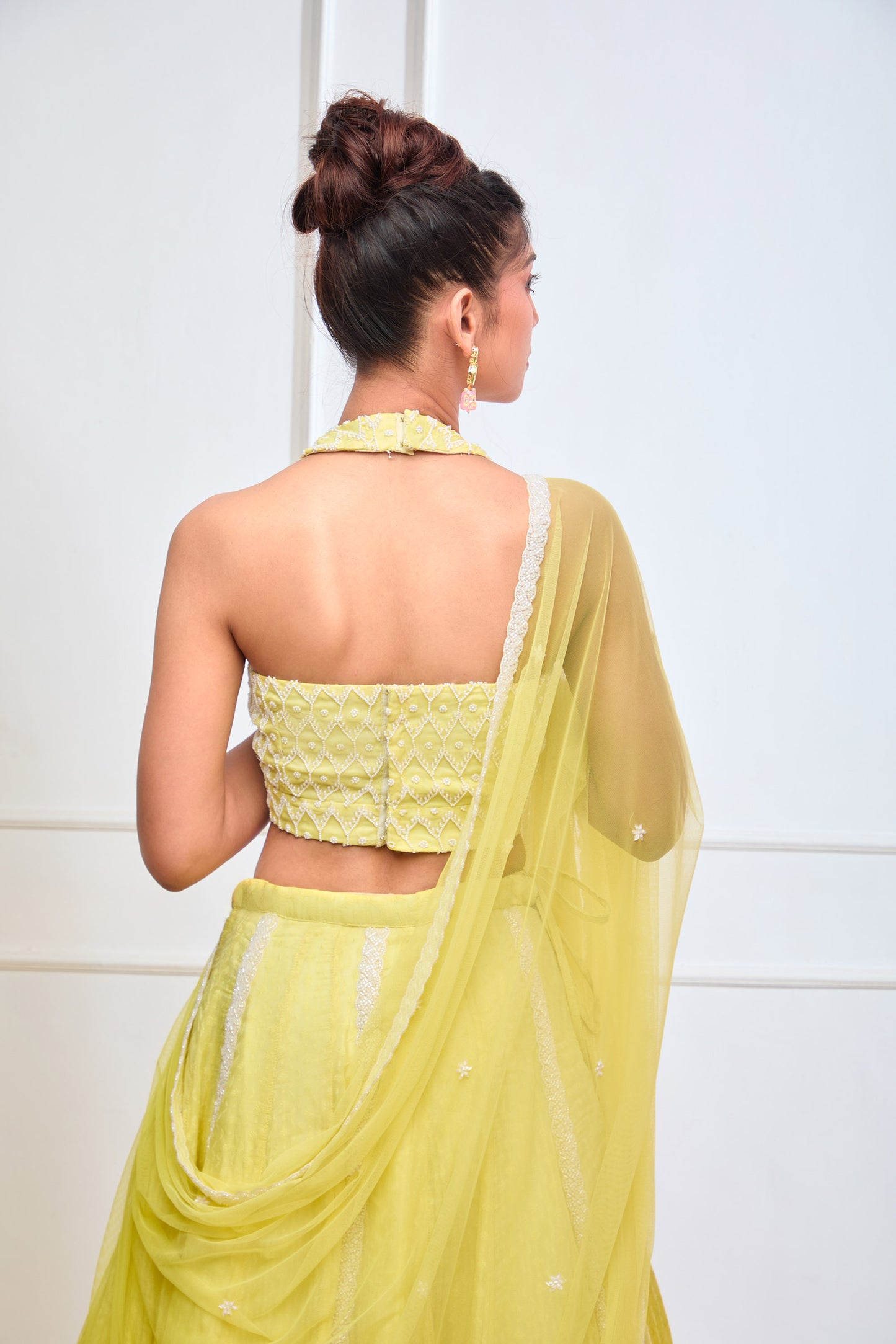 Yellow Organza jamdani halter blouse and lehenga set