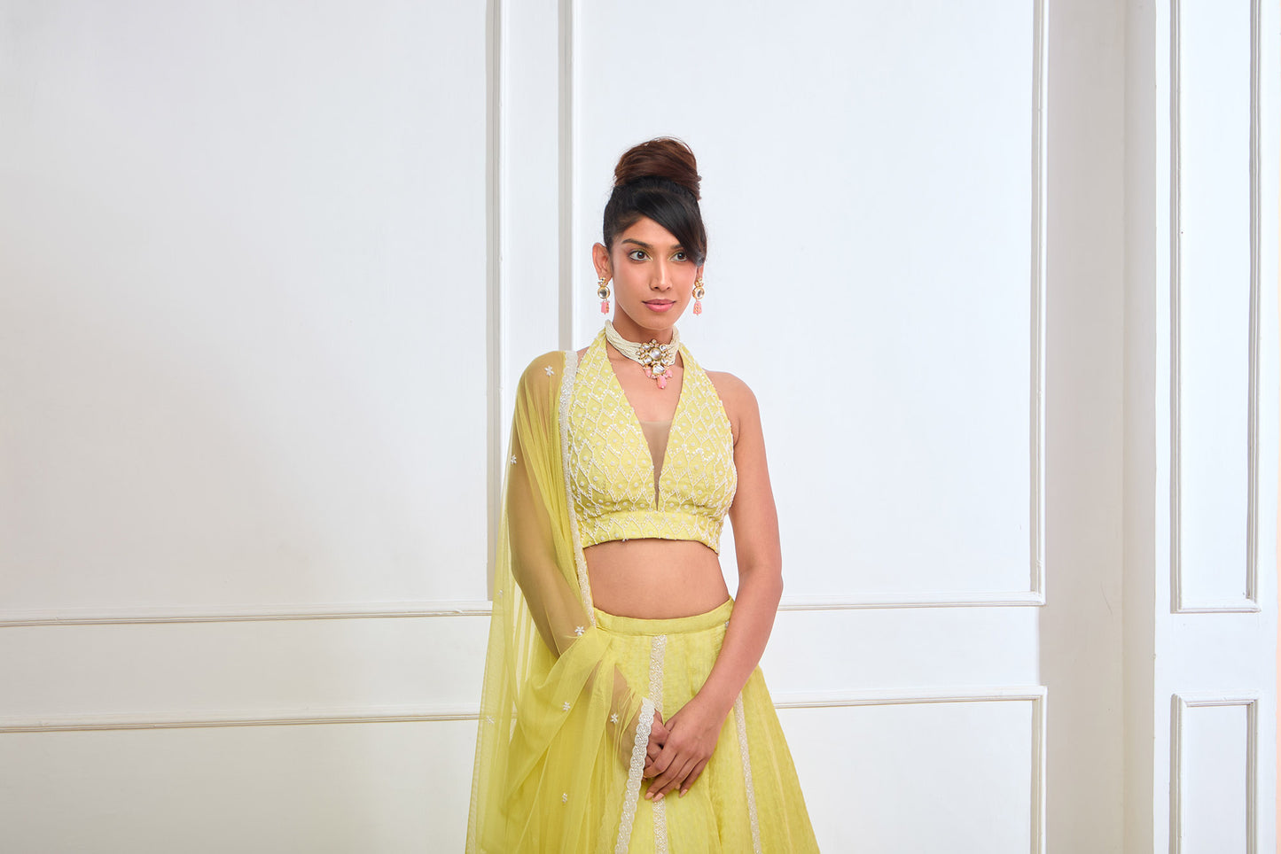 Yellow Organza jamdani halter blouse and lehenga set