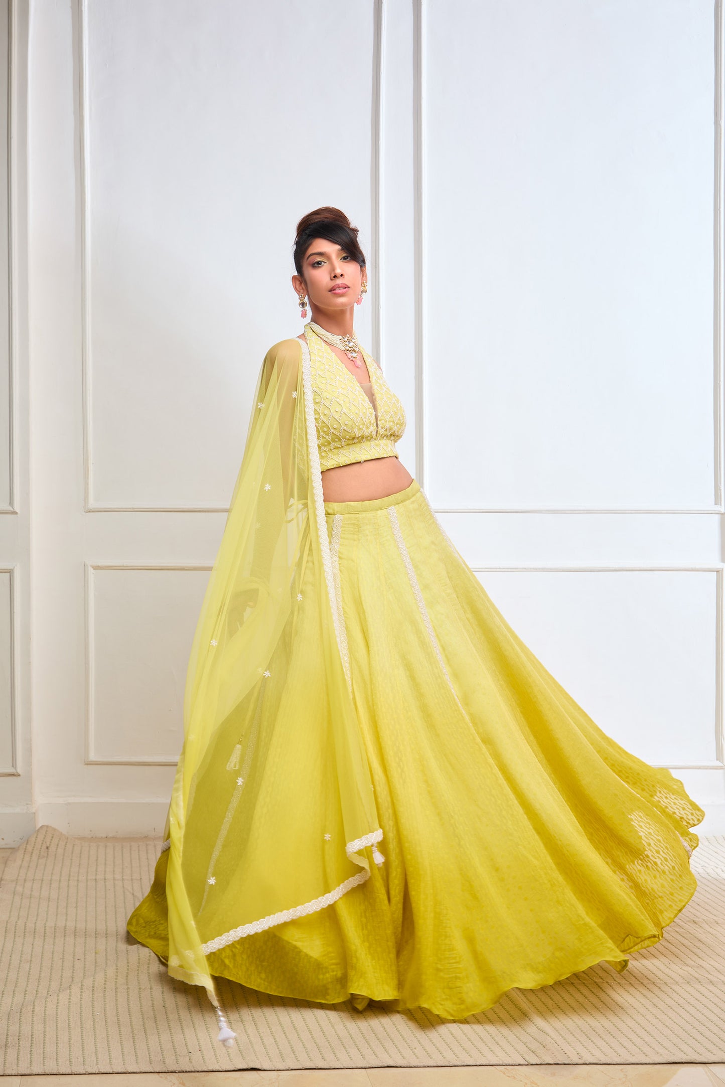 Yellow Organza jamdani halter blouse and lehenga set