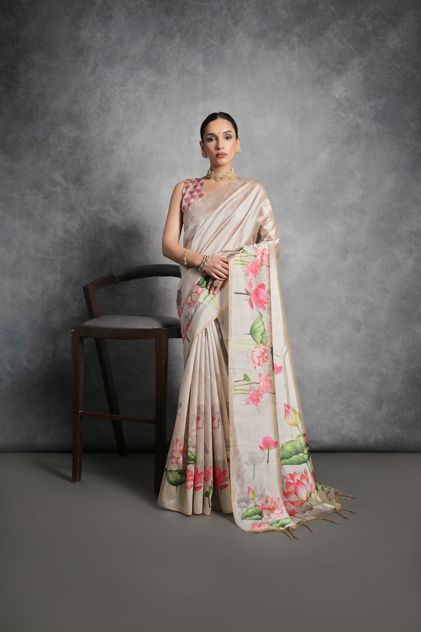 Cream Yogita Lotus Soft Tussar Silk Zari Saree