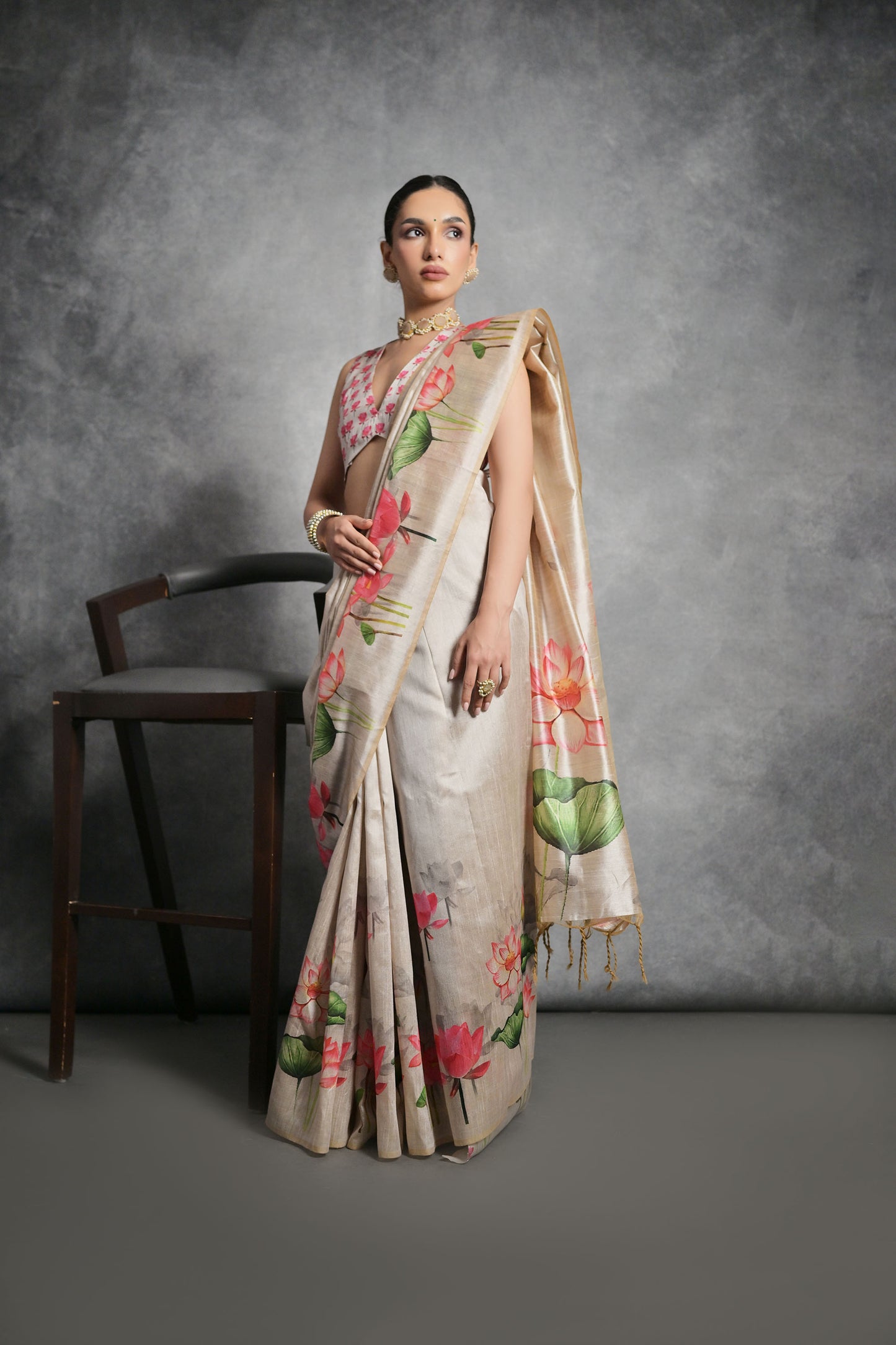 Cream Yogita Lotus Soft Tussar Silk Zari Saree