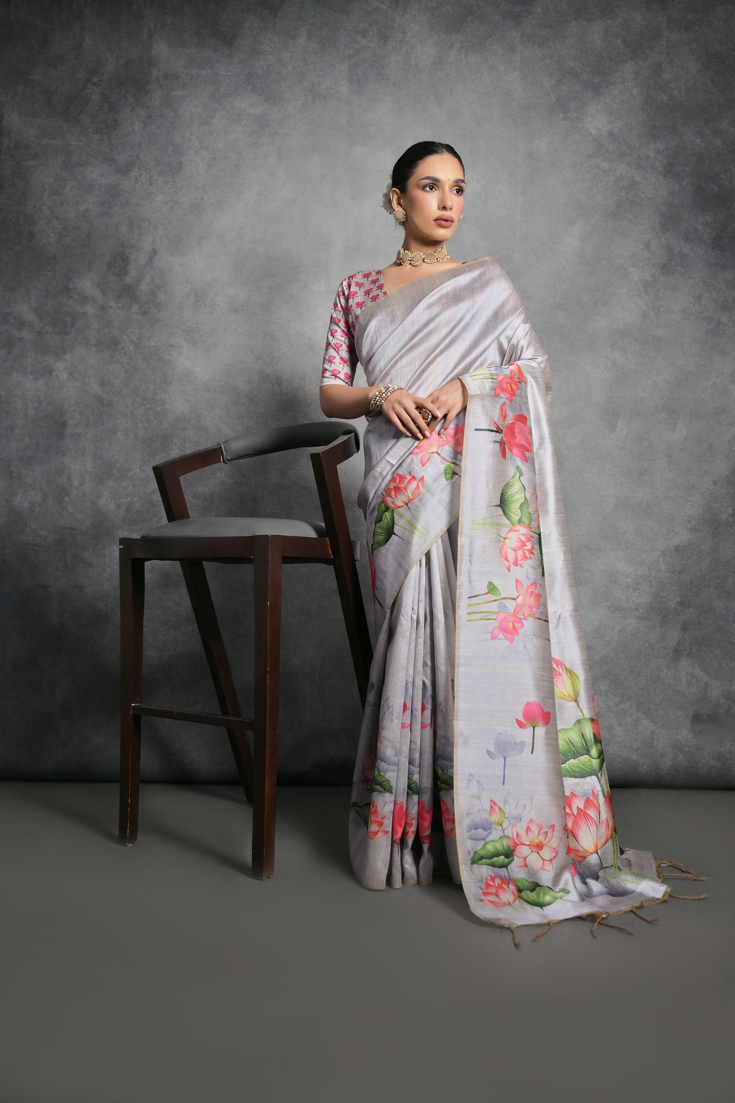 Grey Yogita Lotus Soft Tussar Silk Zari Saree