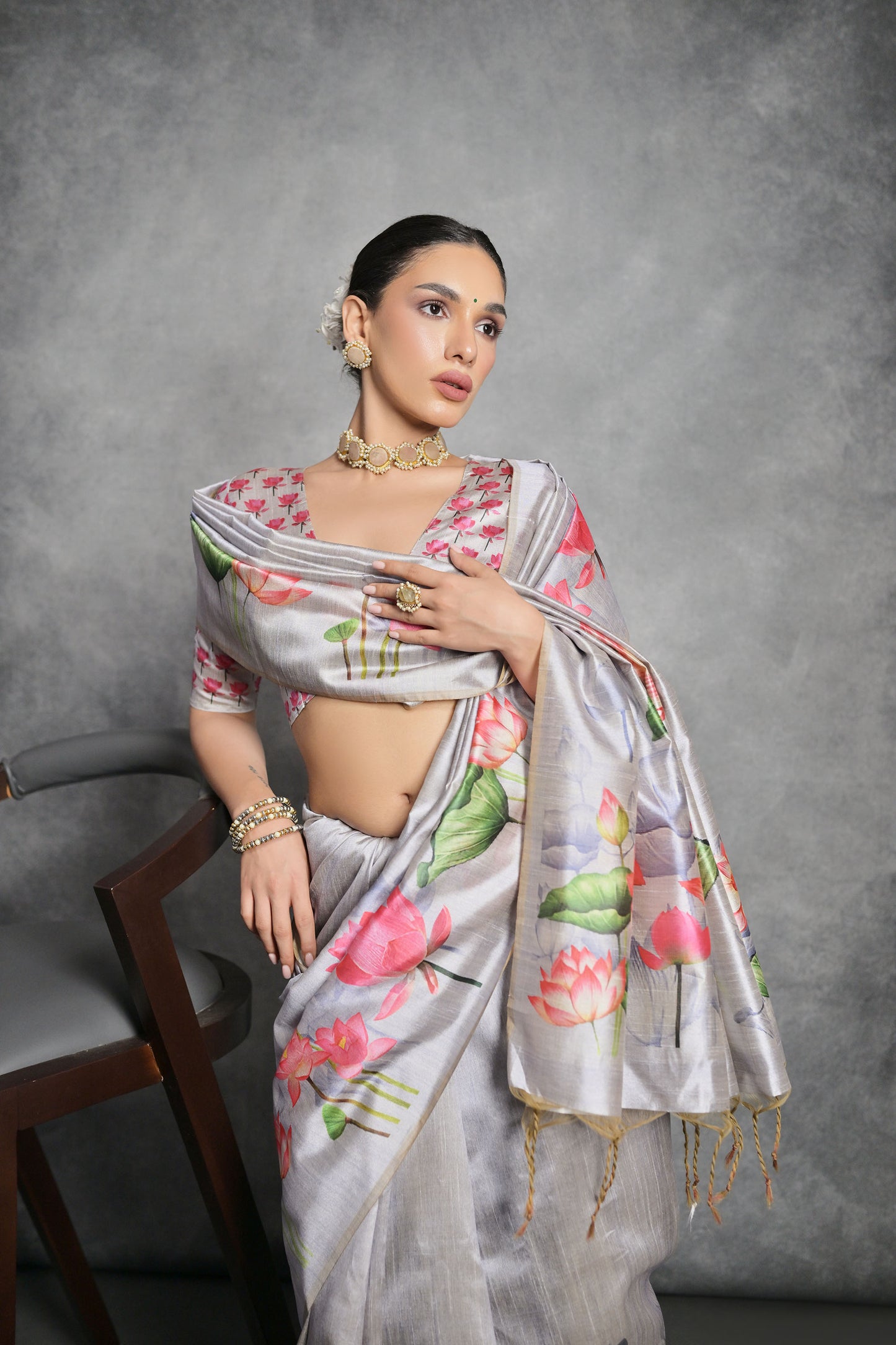 Grey Yogita Lotus Soft Tussar Silk Zari Saree