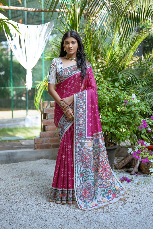 Pink Yogita Madhubani Soft Tussar Silk Zari Saree