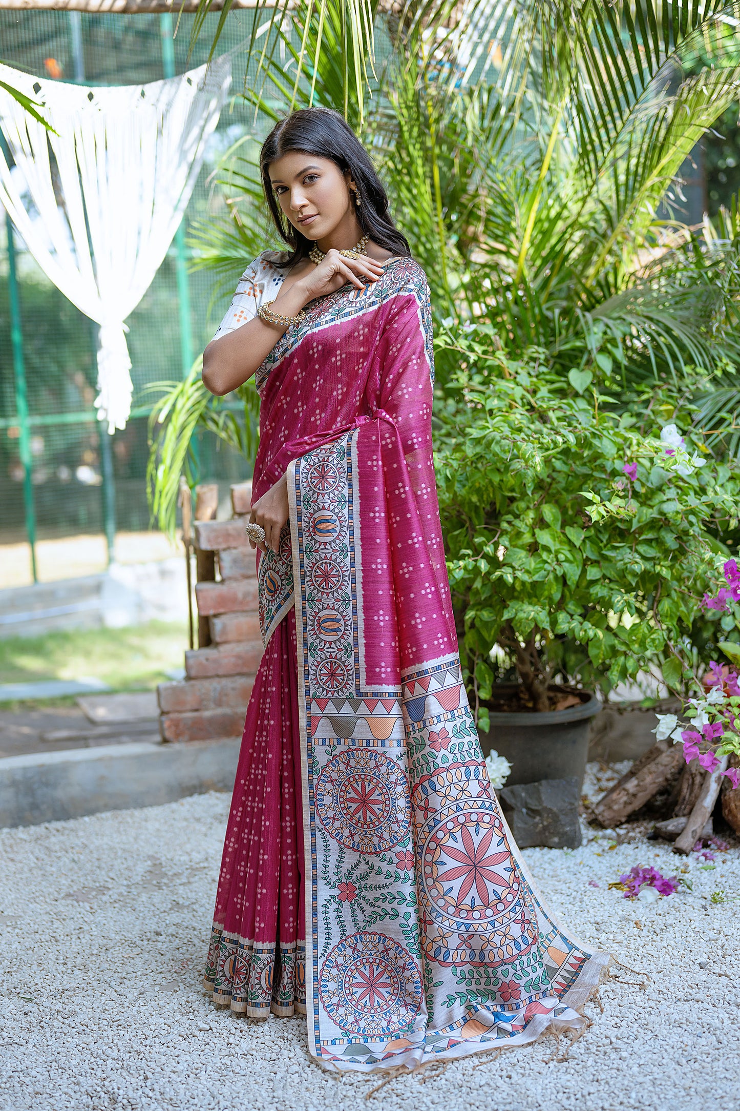 Pink Yogita Madhubani Soft Tussar Silk Zari Saree