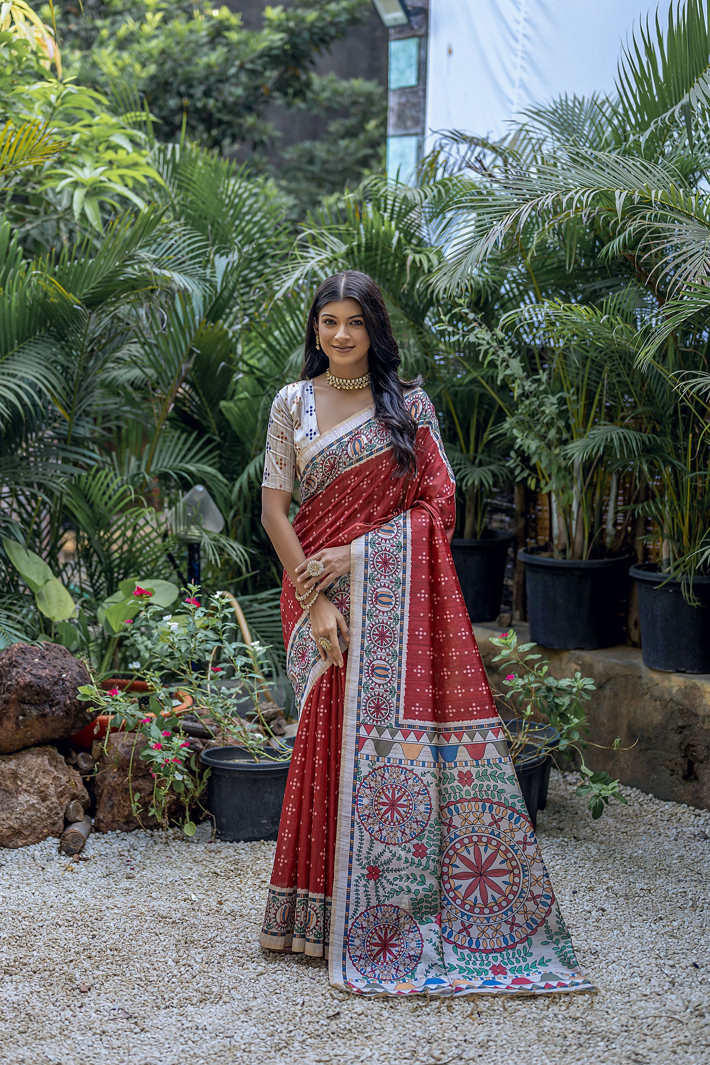 Red Yogita Madhubani Soft Tussar Silk Zari Saree