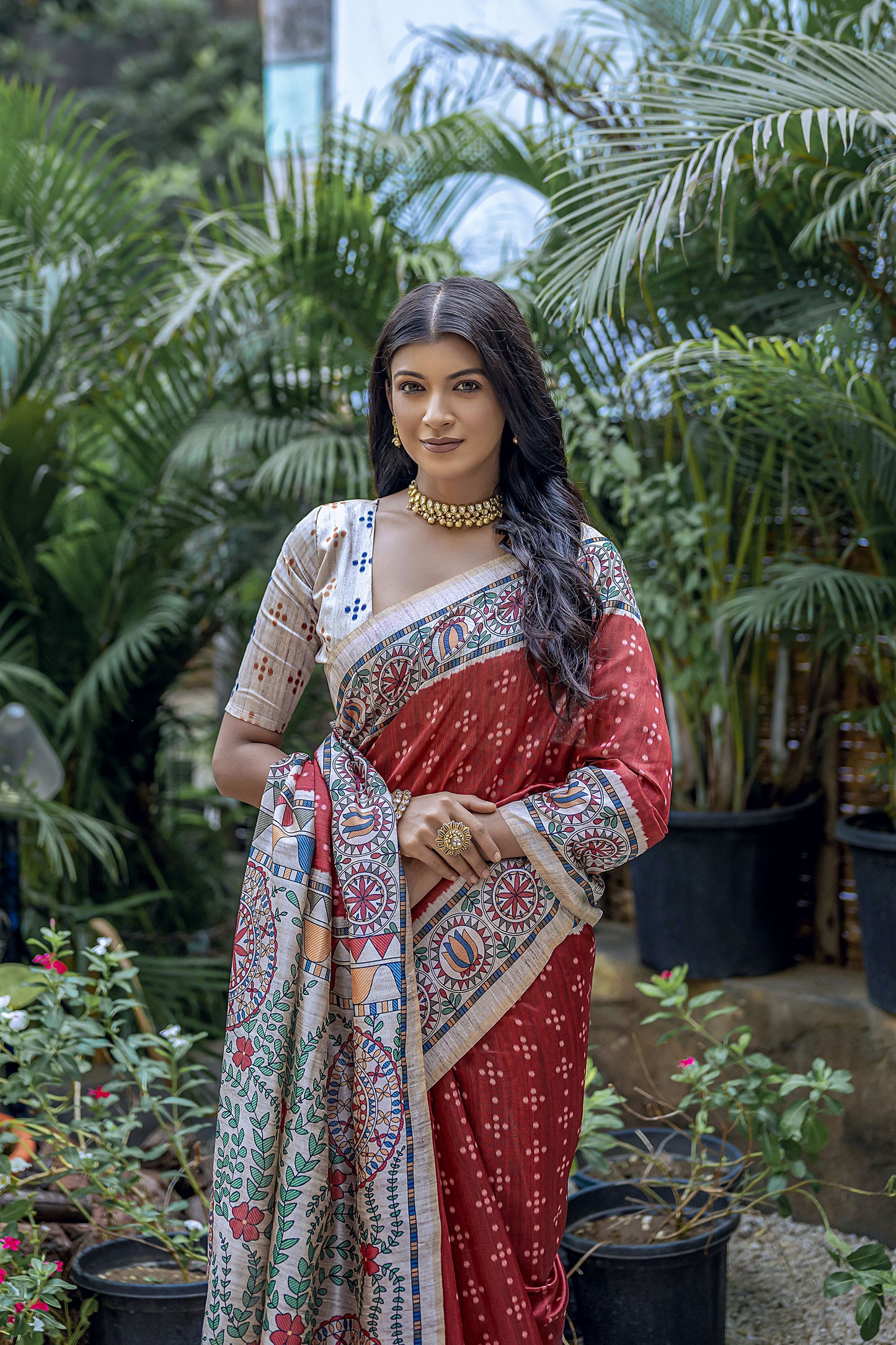 Red Yogita Madhubani Soft Tussar Silk Zari Saree