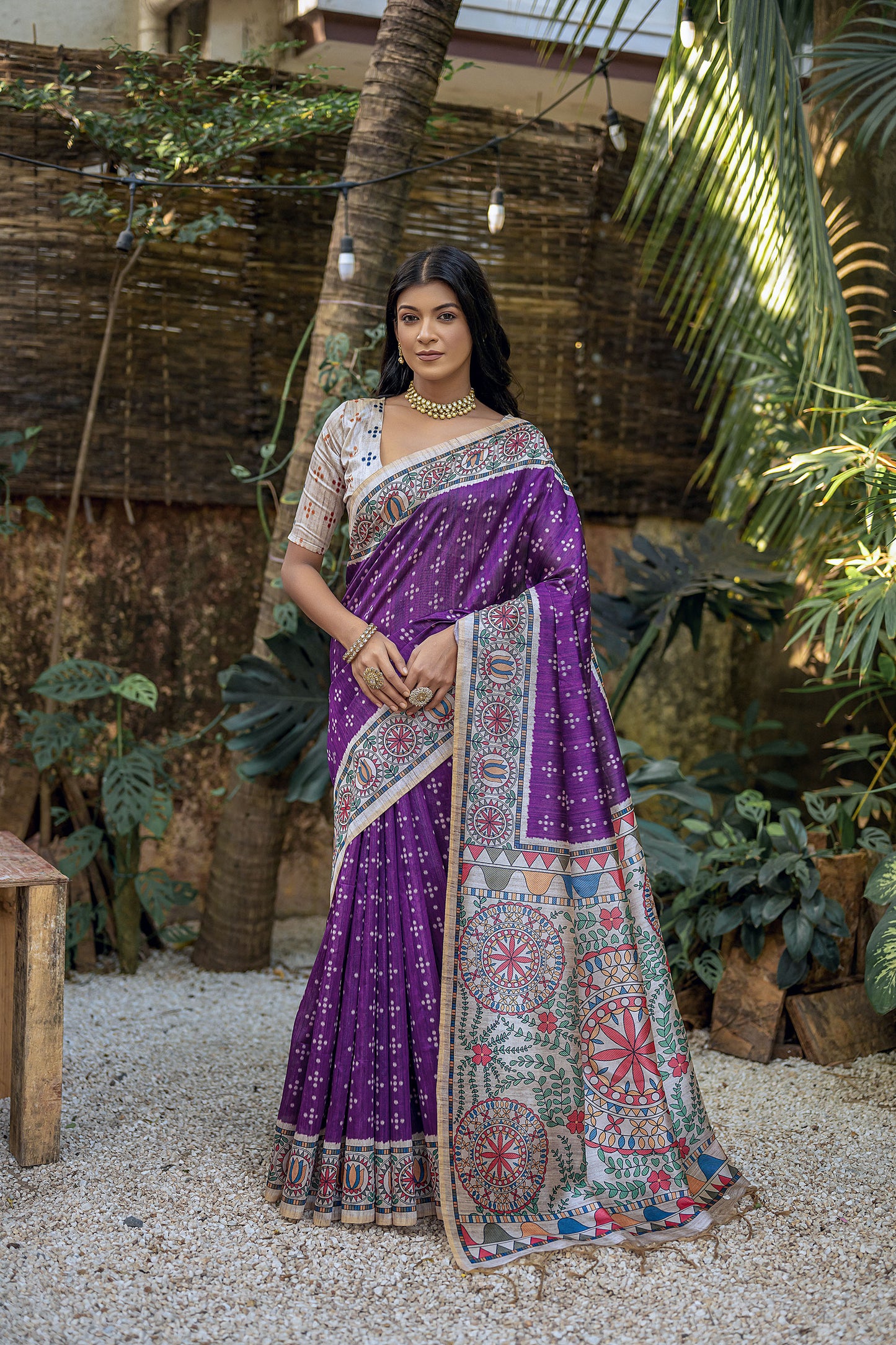 Wine Yogita Madhubani Soft Tussar Silk Zari Saree