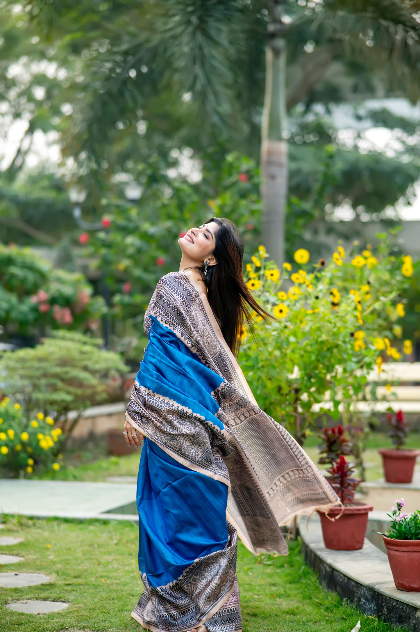 Yogita Blue Soft Tussar Silk Madhubani printed Saree