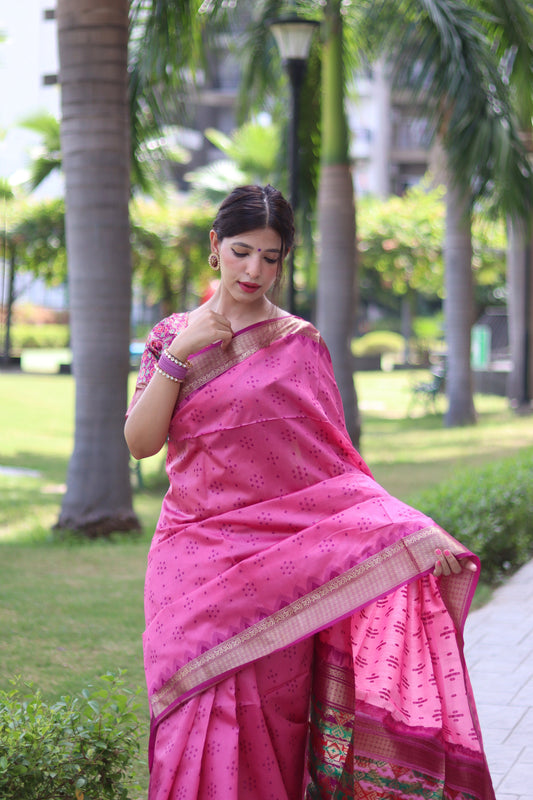 Baby Pink Zari Woven Raw Silk Patola saree