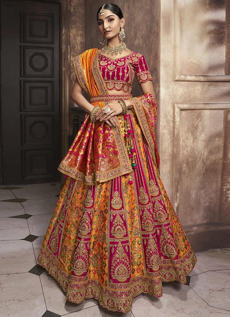 Red,Yellow Banarasi Silk Embroidered Umbrella Bridal Lehenga