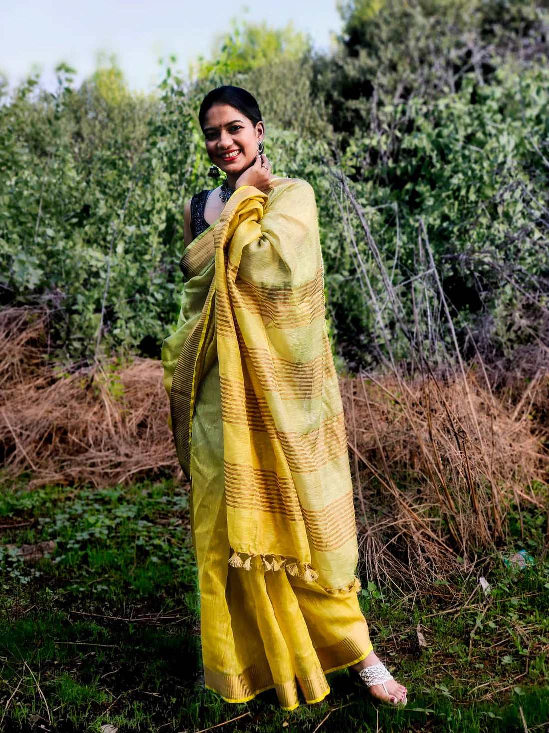 Modak Yellow Tissue Linen Handloom saree