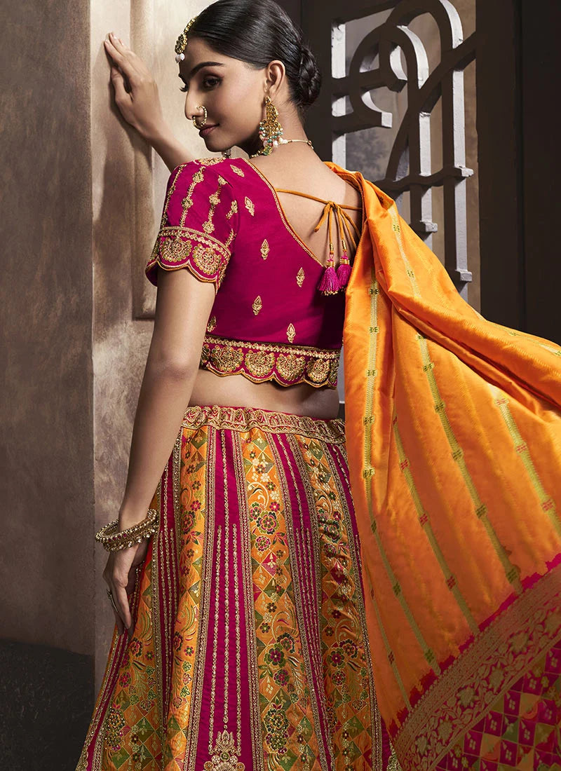 Red,Yellow Banarasi Silk Embroidered Umbrella Bridal Lehenga