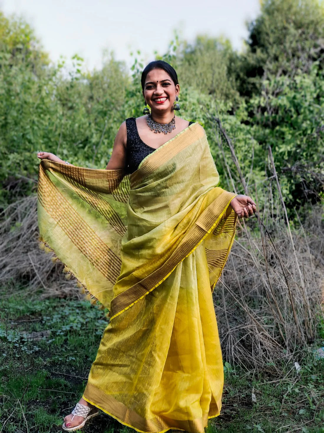 Modak Yellow Tissue Linen Handloom saree