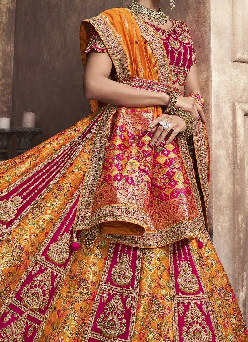 Red,Yellow Banarasi Silk Embroidered Umbrella Bridal Lehenga