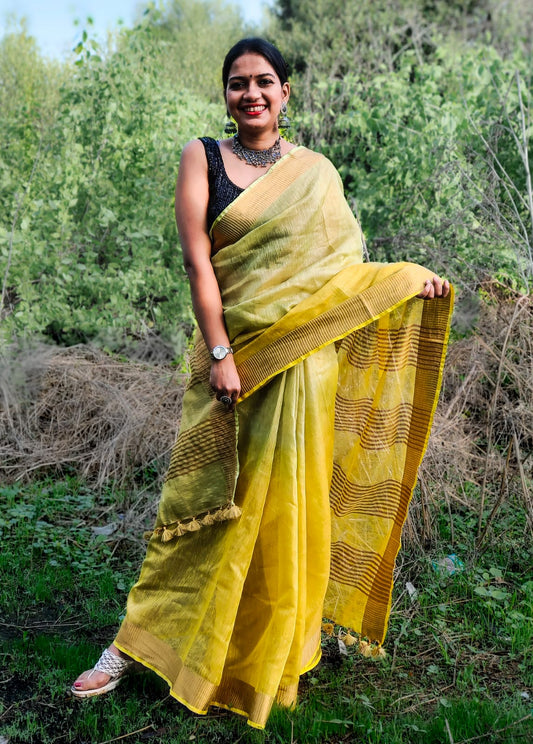 Modak Yellow Tissue Linen Handloom saree