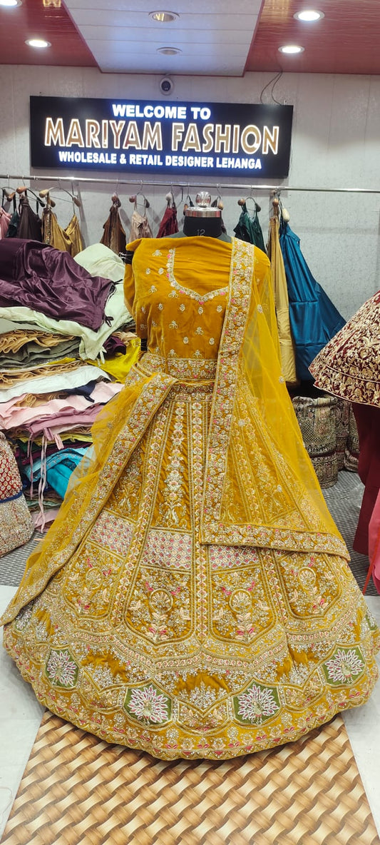 Yellow Micro Velvet lehenga ( Bazaar )