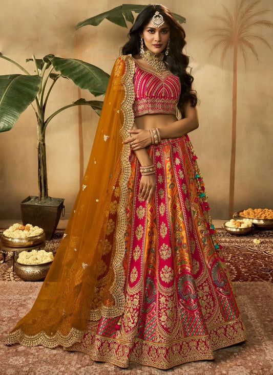 Yellow, pink Banarasi Silk Resham Embroidered A Line Royal Bridal Lehenga