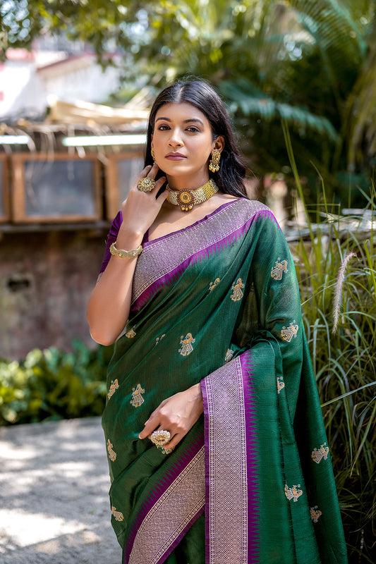 Green Handloom Bulchari Tussar silk Zari woven Meenakari Saree