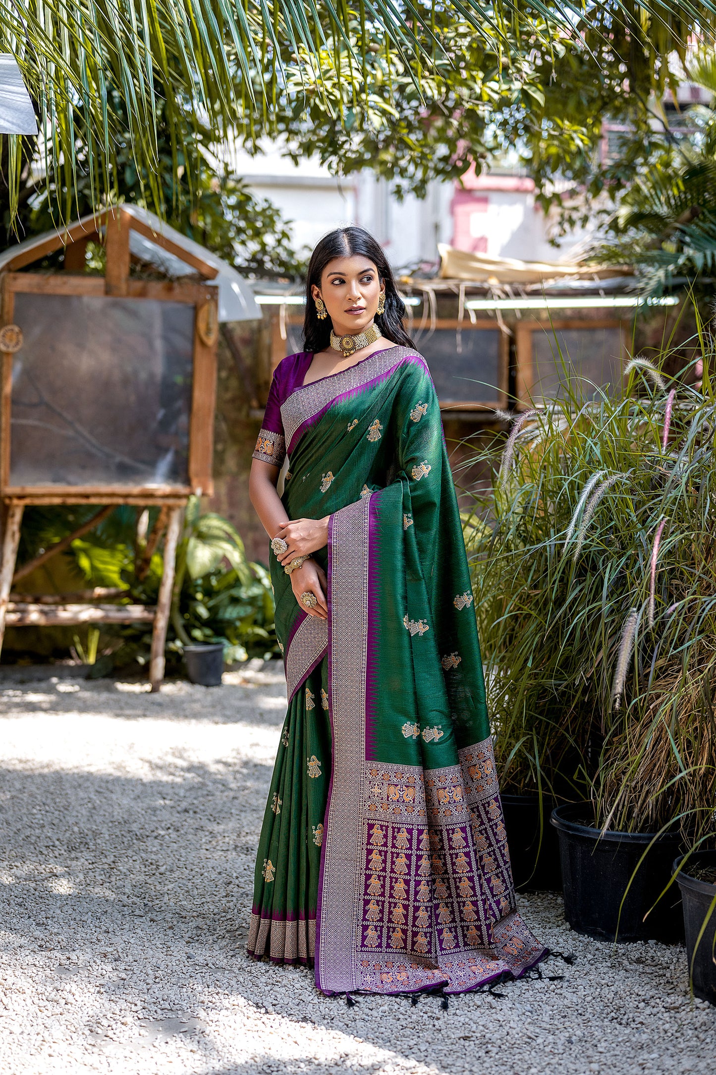 Green Handloom Bulchari Tussar silk Zari woven Meenakari Saree