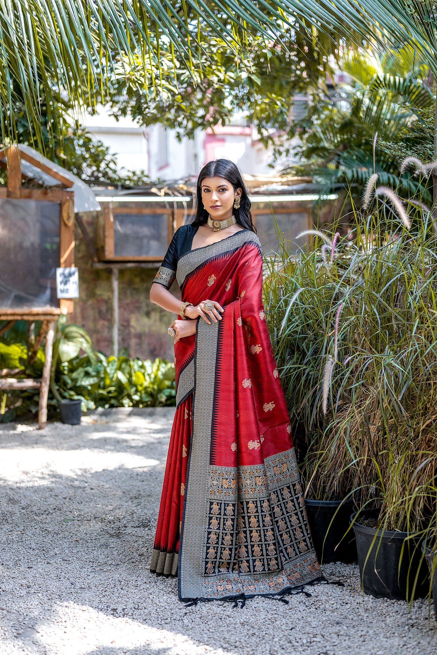 Red Handloom Bulchari Tussar silk Zari woven Meenakari Saree