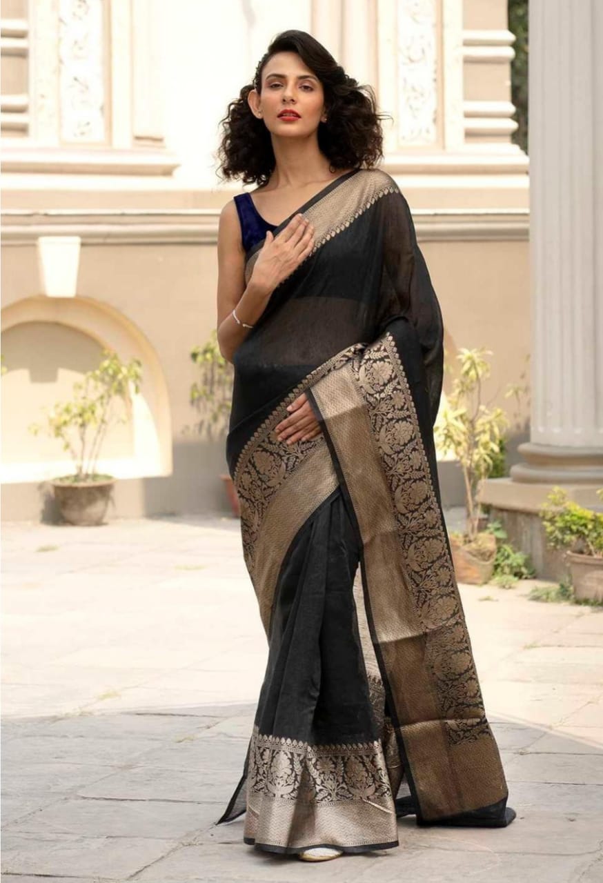 Elegant Silk Linen Saree with Banarsi Border | Banarsi Border Linen Slik Saree Collection By Rank Never Retire