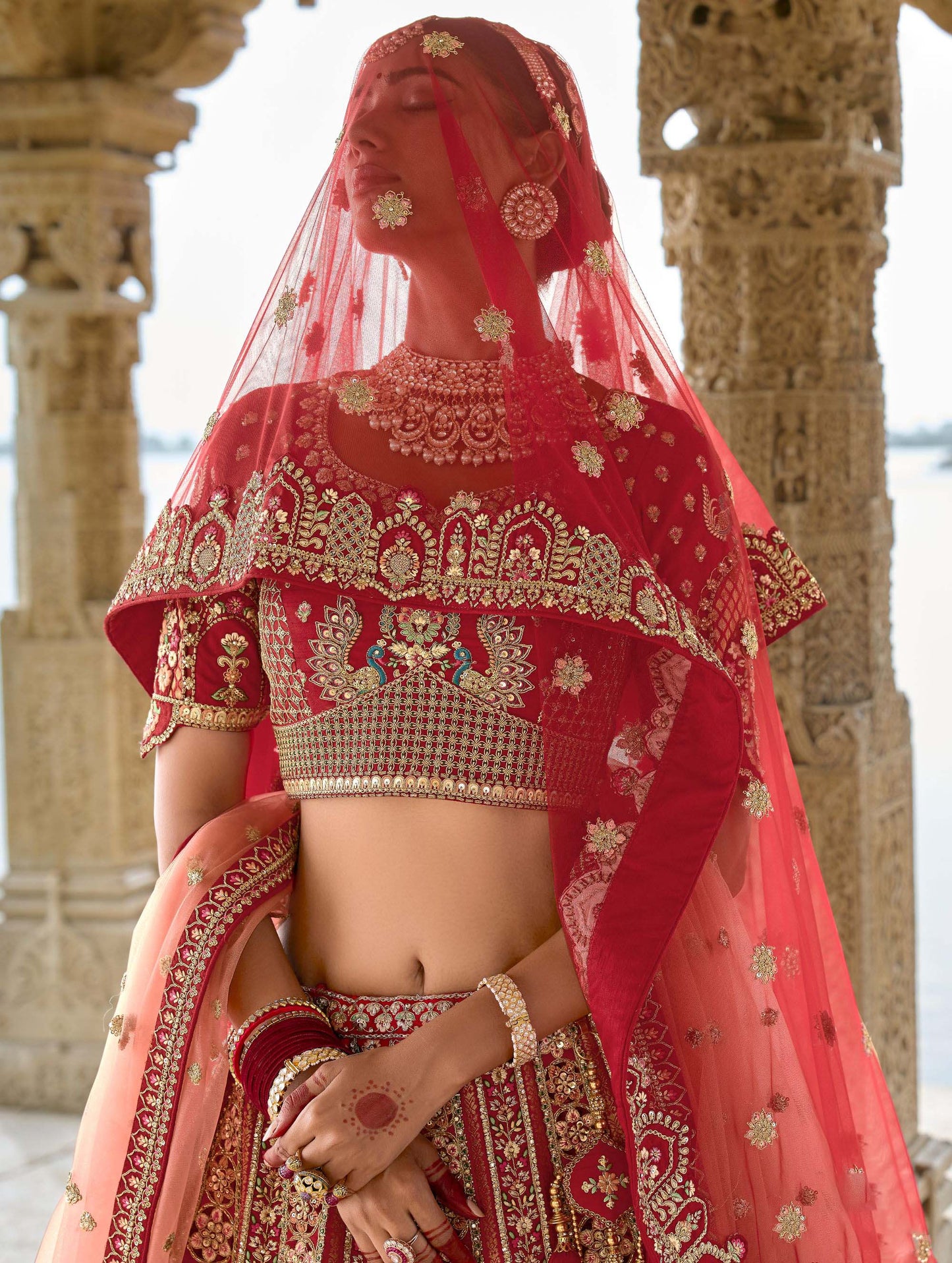 Red Heavy Zari and Sequins Embroidery Silk Bridal Lehenga