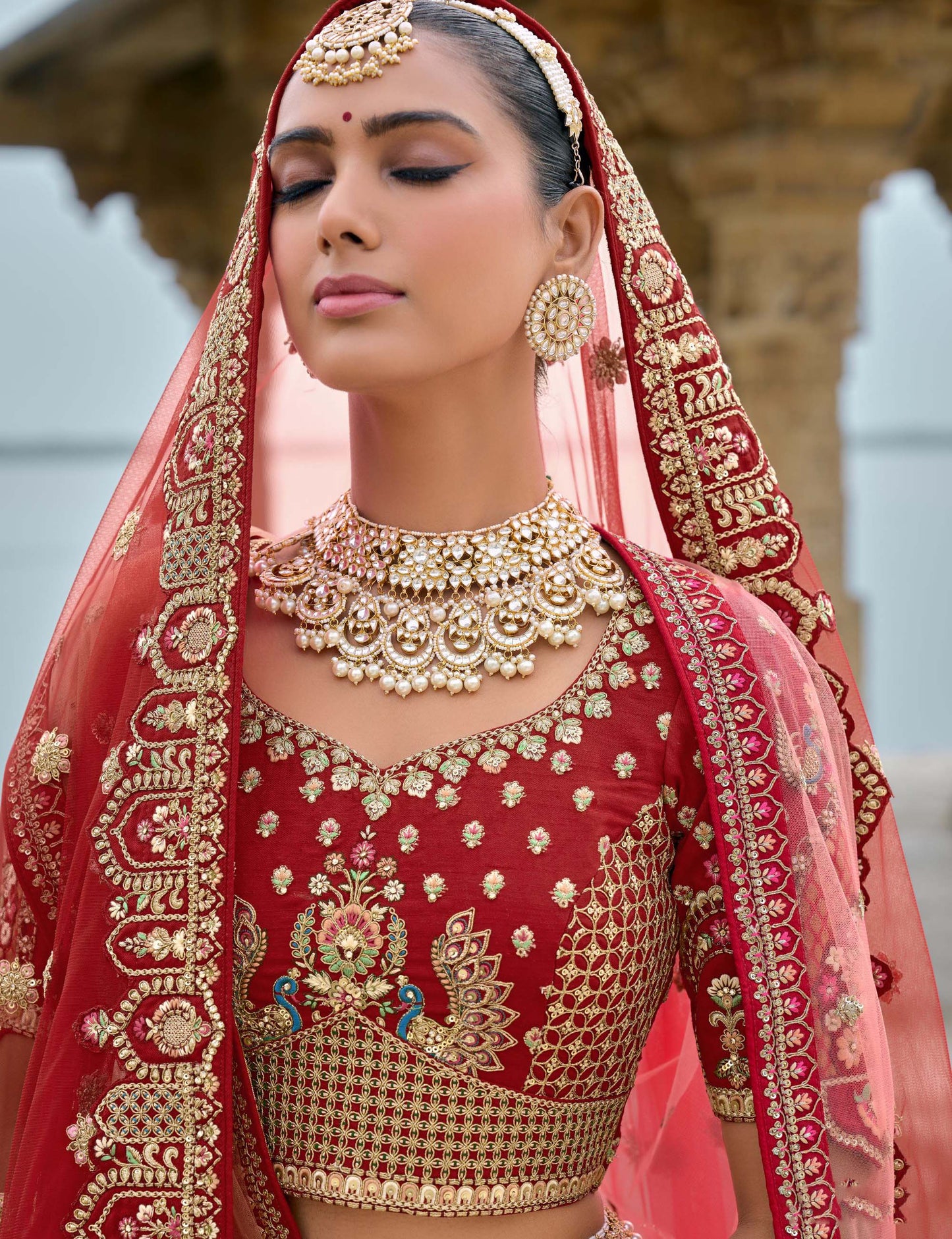 Red Heavy Zari and Sequins Embroidery Silk Bridal Lehenga