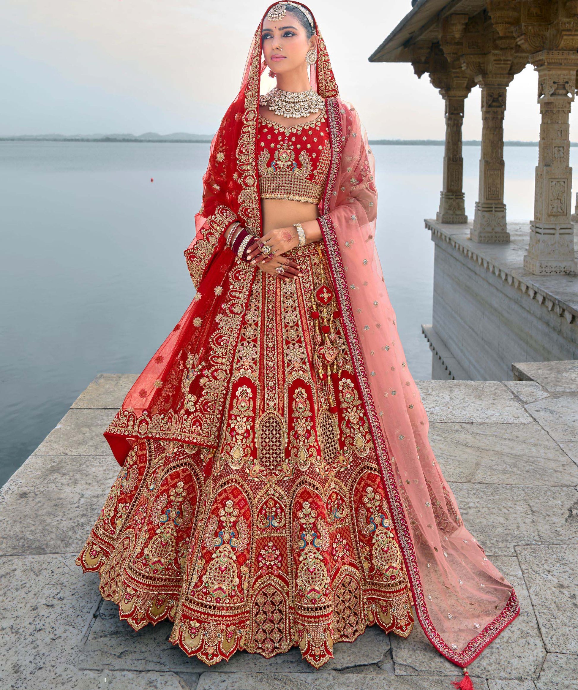 Red Heavy Zari and Sequins Embroidery Silk Bridal Lehenga