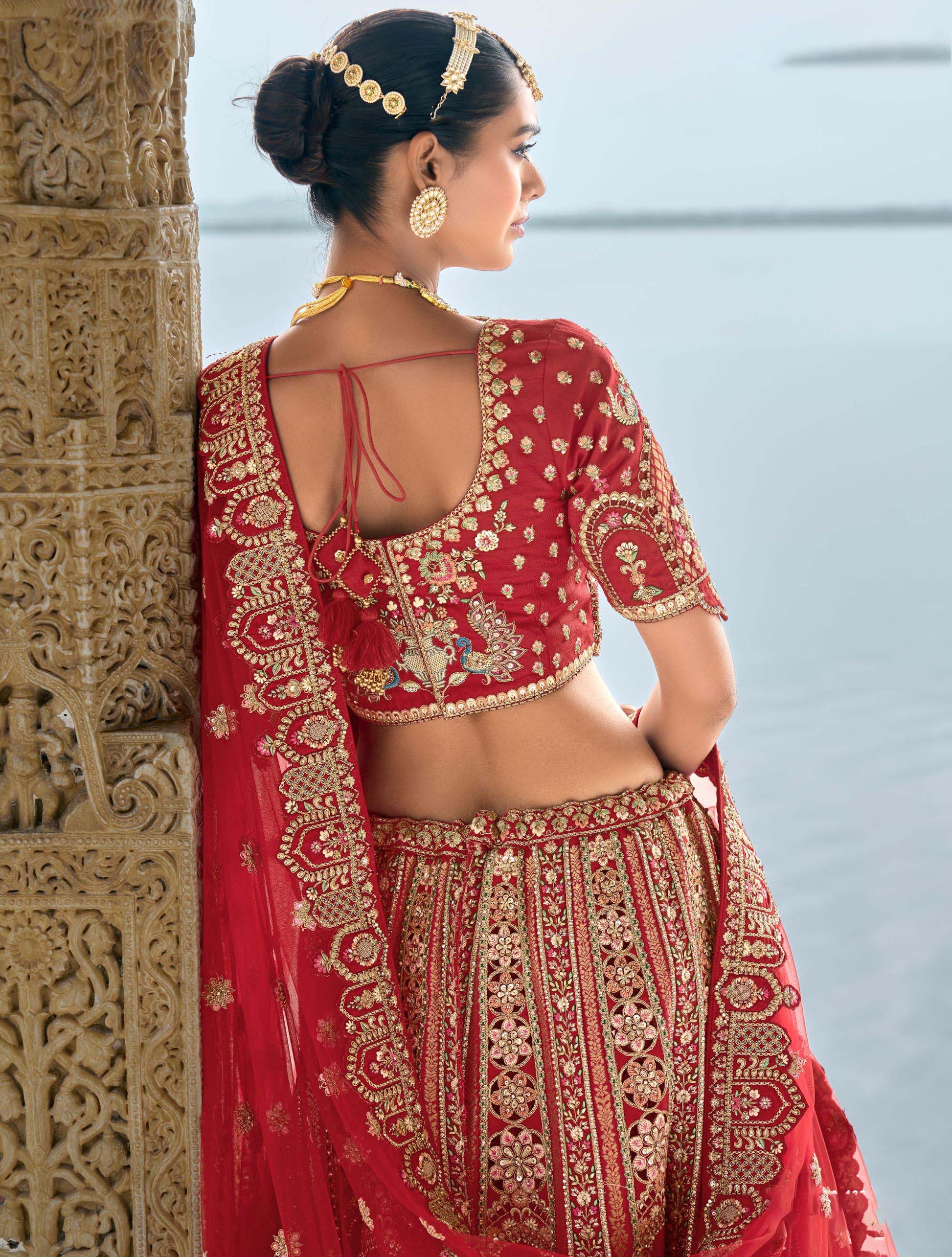 Red Heavy Zari and Sequins Embroidery Silk Bridal Lehenga