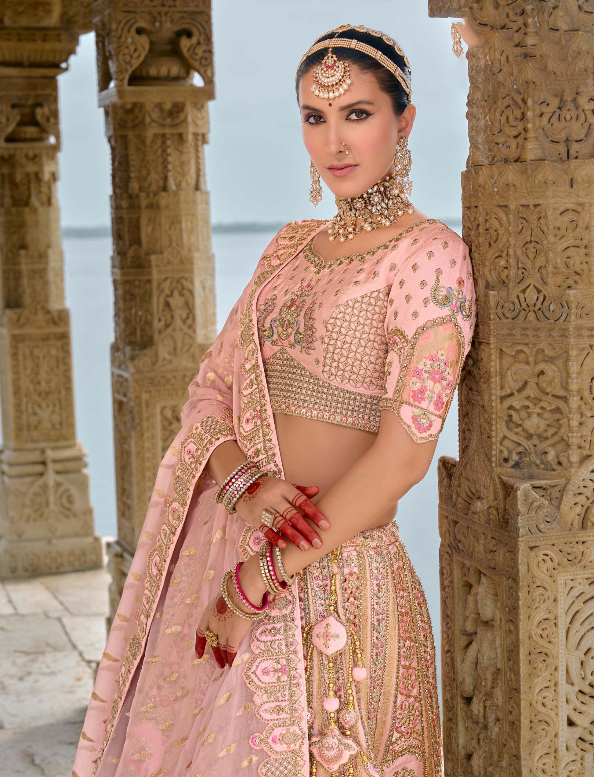 Pastel Pink Heavy Zari and Sequins Embroidery Silk Bridal Lehenga