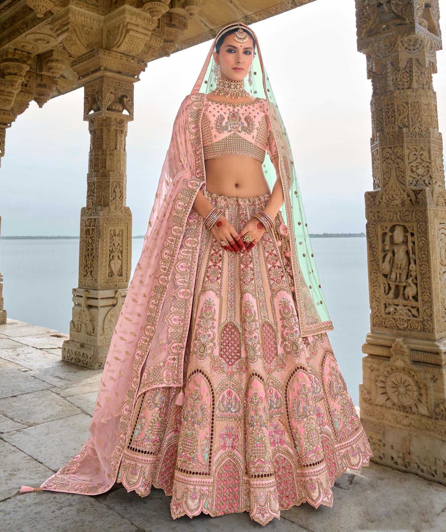 Pastel Pink Heavy Zari and Sequins Embroidery Silk Bridal Lehenga