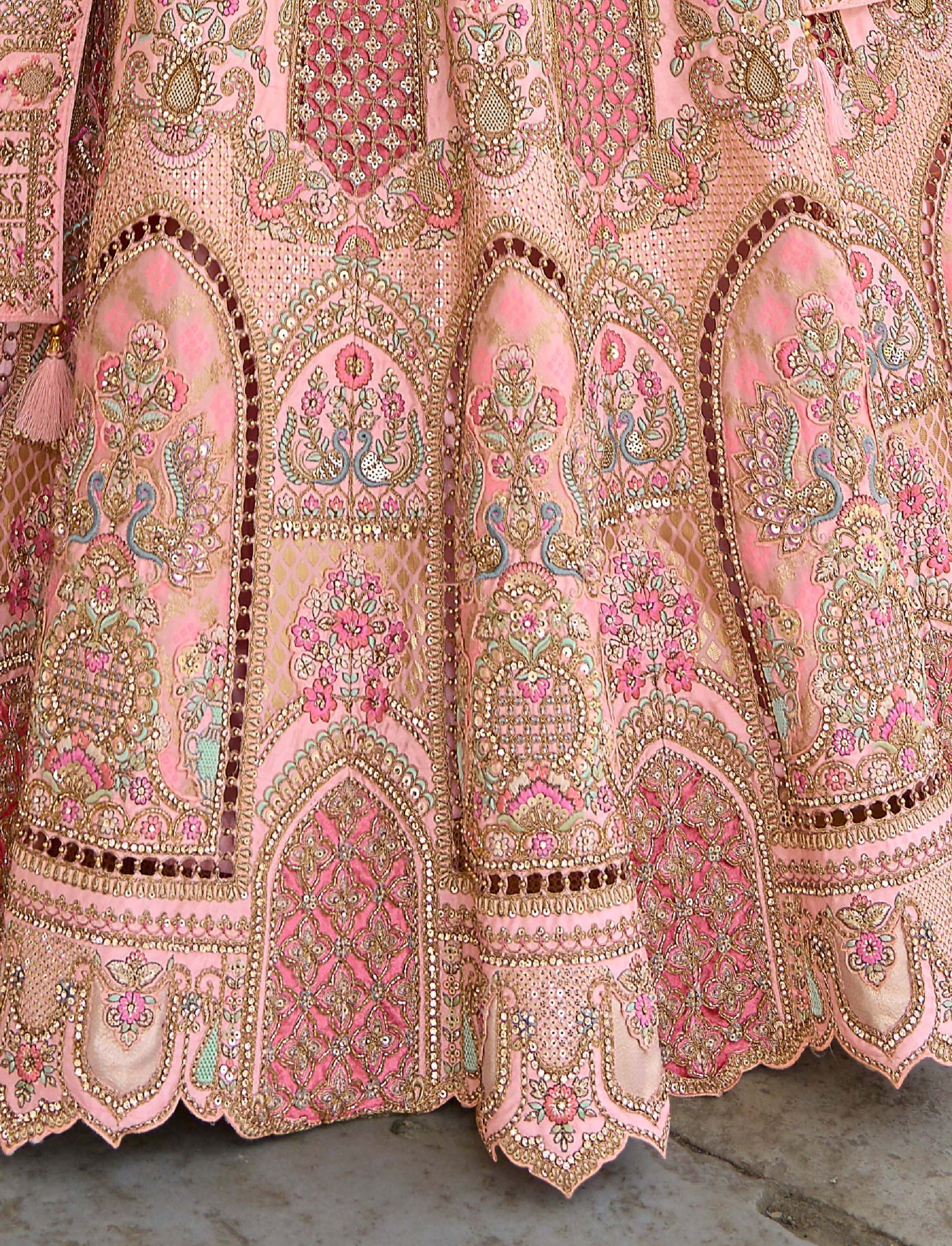 Pastel Pink Heavy Zari and Sequins Embroidery Silk Bridal Lehenga