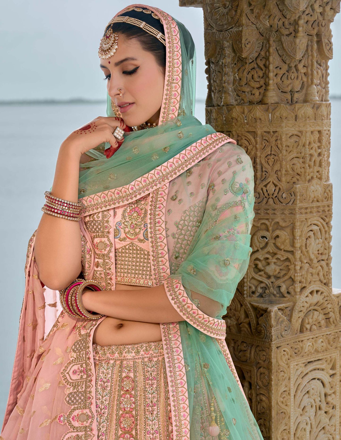 Pastel Pink Heavy Zari and Sequins Embroidery Silk Bridal Lehenga