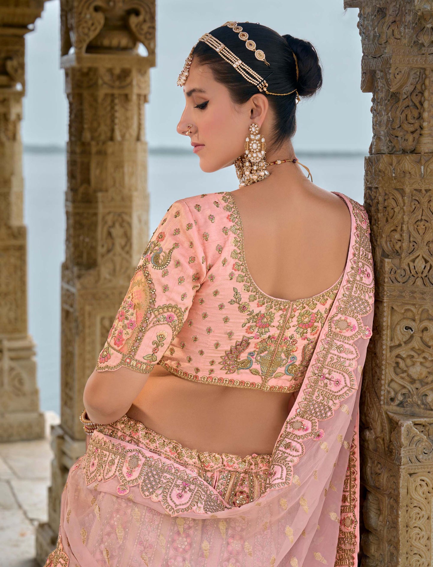 Pastel Pink Heavy Zari and Sequins Embroidery Silk Bridal Lehenga