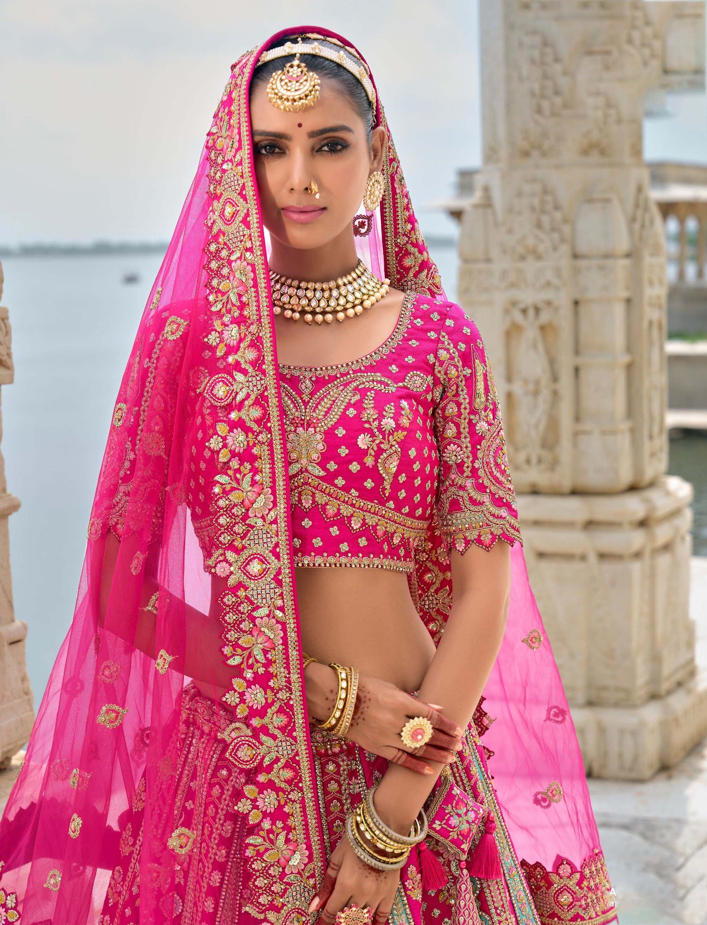 Rani Pink Heavy Zari and Sequins Embroidery Silk Bridal Lehenga