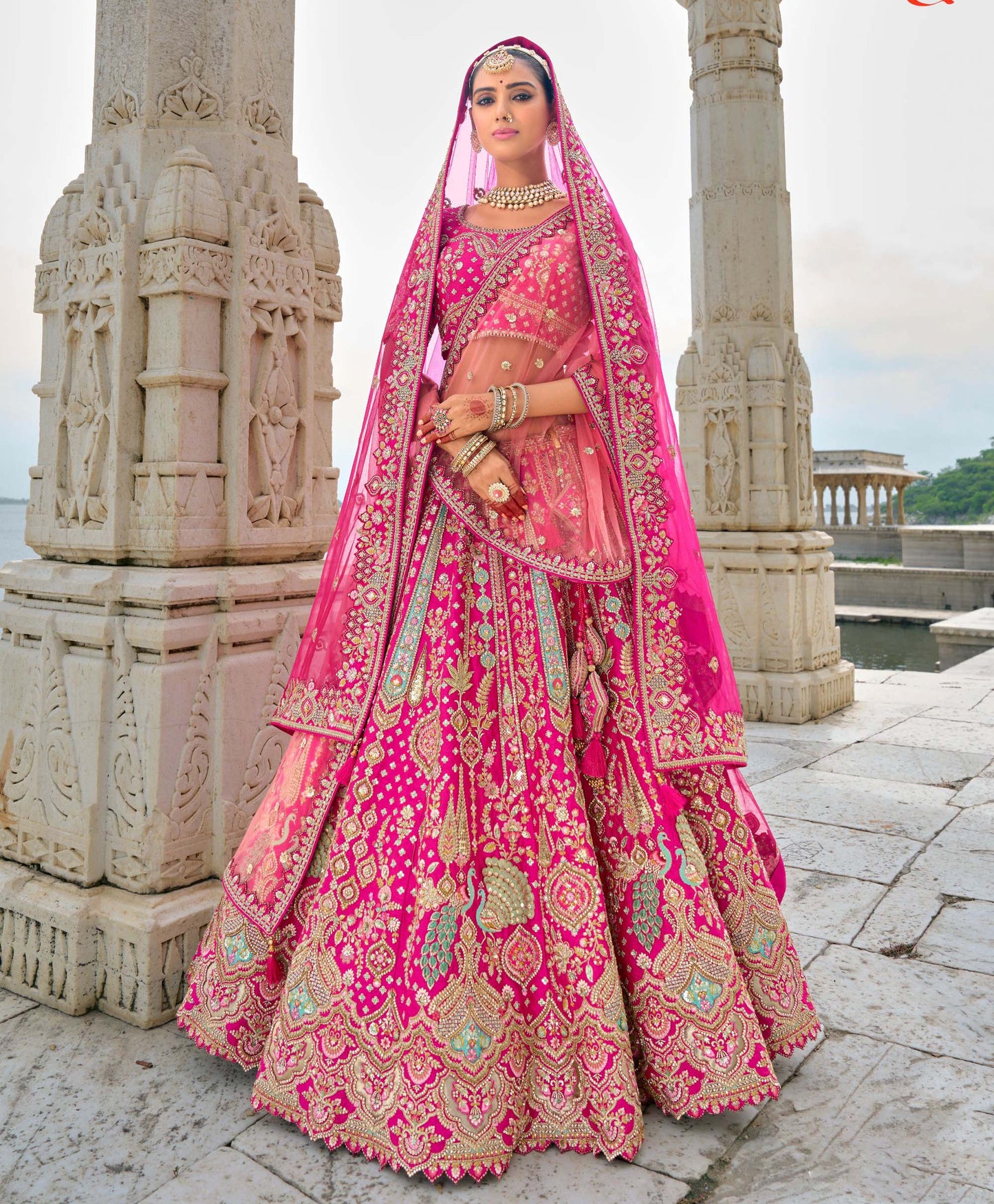 Rani Pink Heavy Zari and Sequins Embroidery Silk Bridal Lehenga