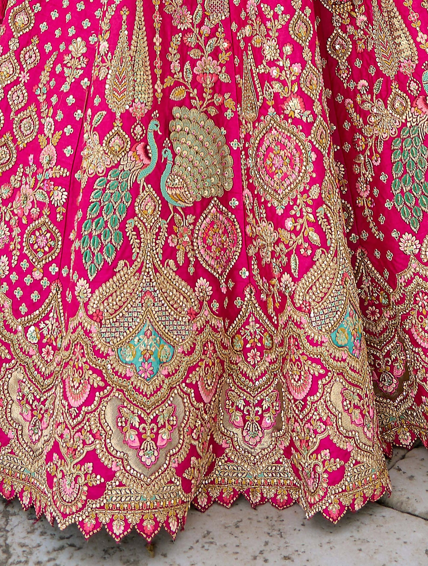 Rani Pink Heavy Zari and Sequins Embroidery Silk Bridal Lehenga