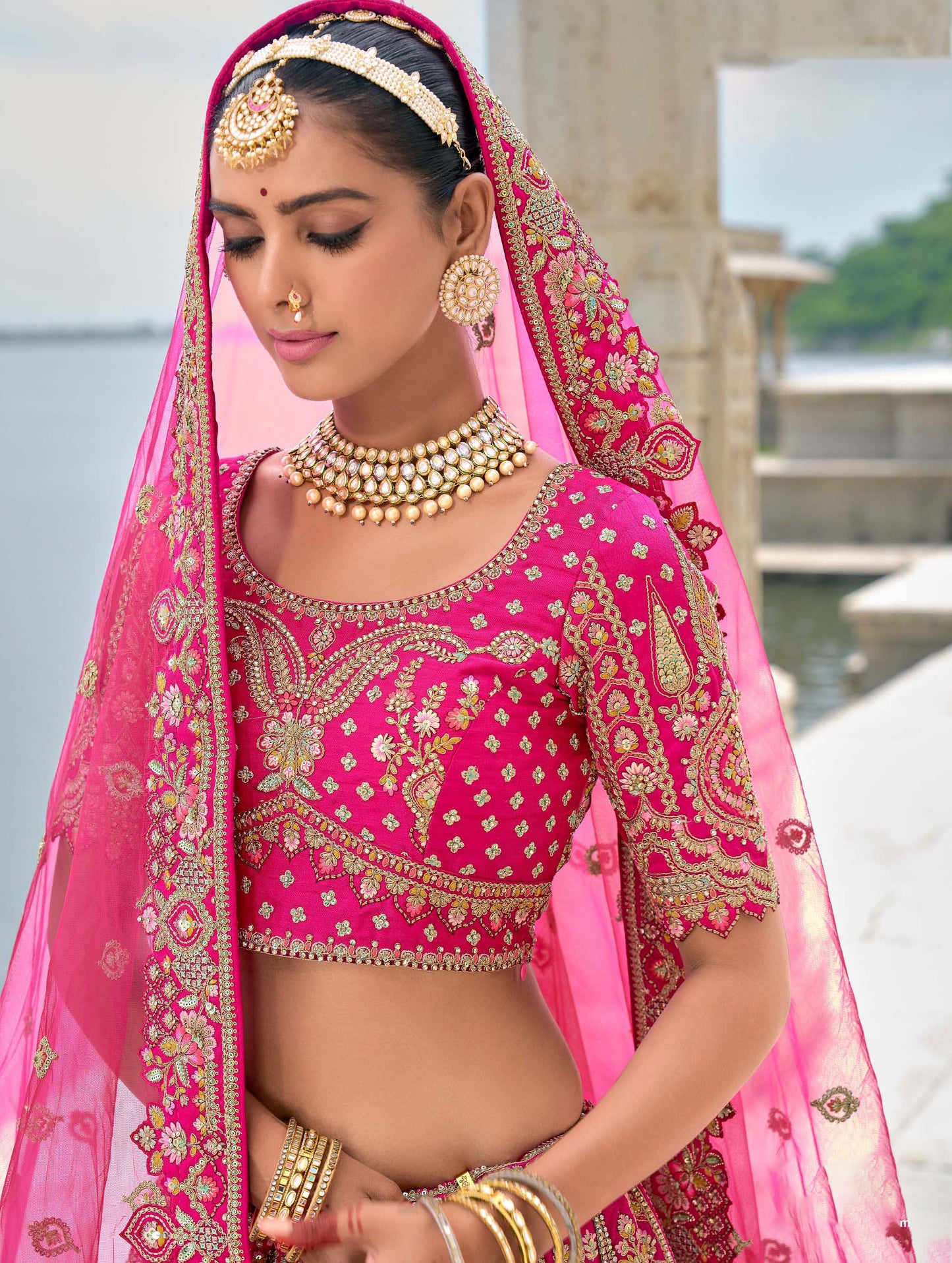 Rani Pink Heavy Zari and Sequins Embroidery Silk Bridal Lehenga