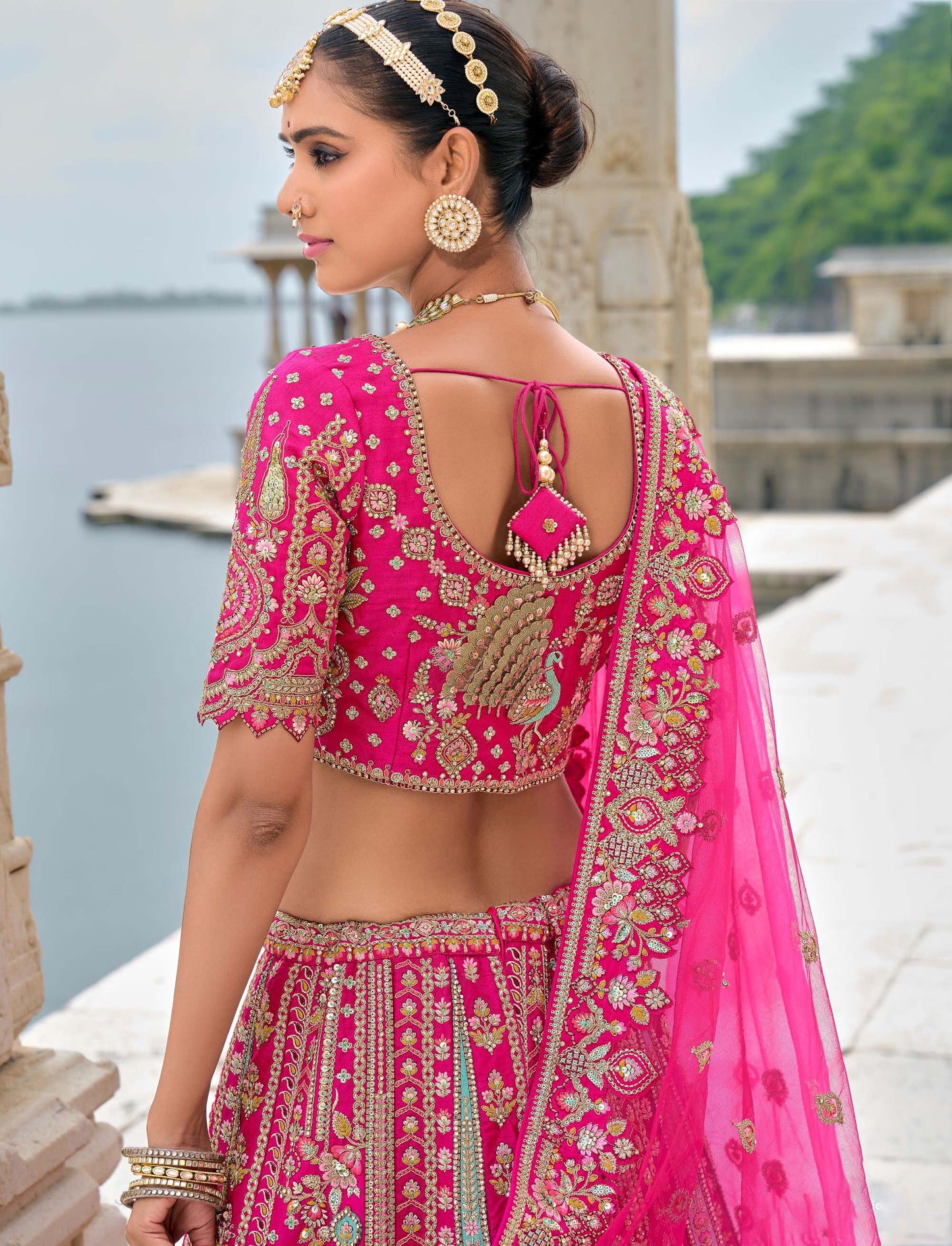 Rani Pink Heavy Zari and Sequins Embroidery Silk Bridal Lehenga