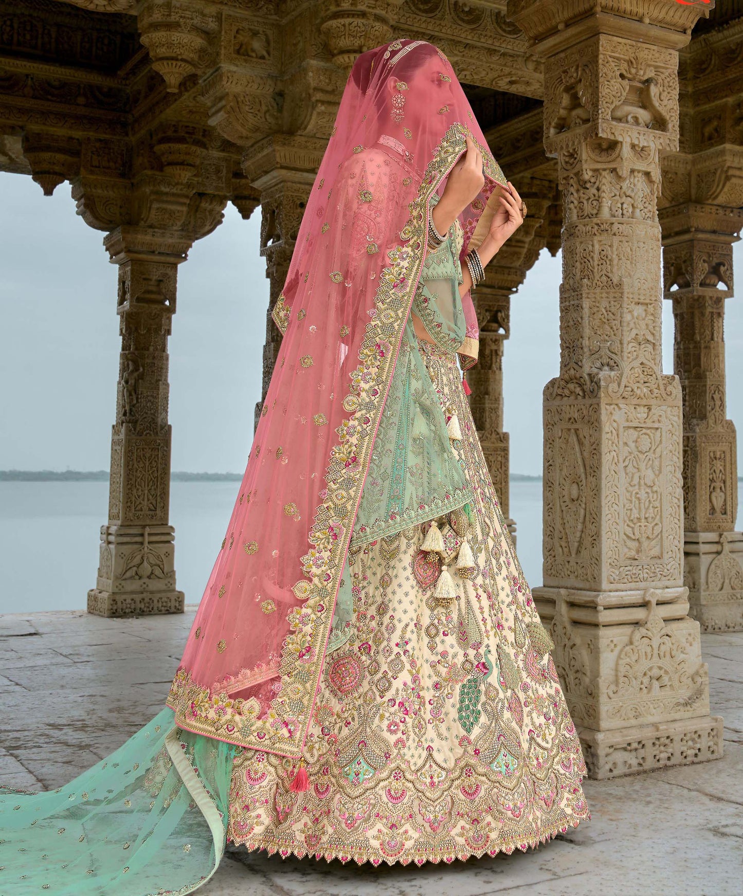 Cream Heavy Zari and Sequins Embroidery Silk Bridal Lehenga