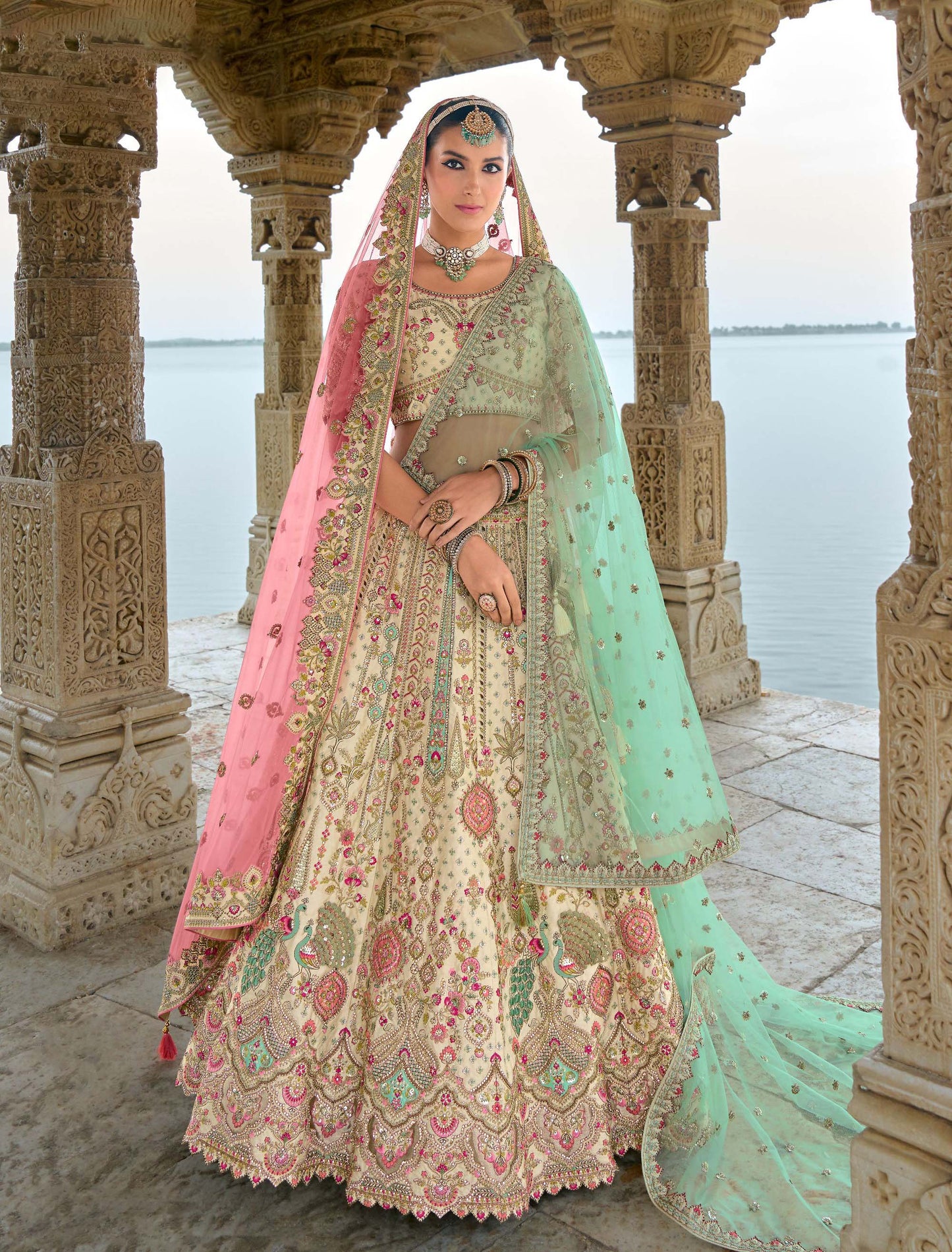 Cream Heavy Zari and Sequins Embroidery Silk Bridal Lehenga