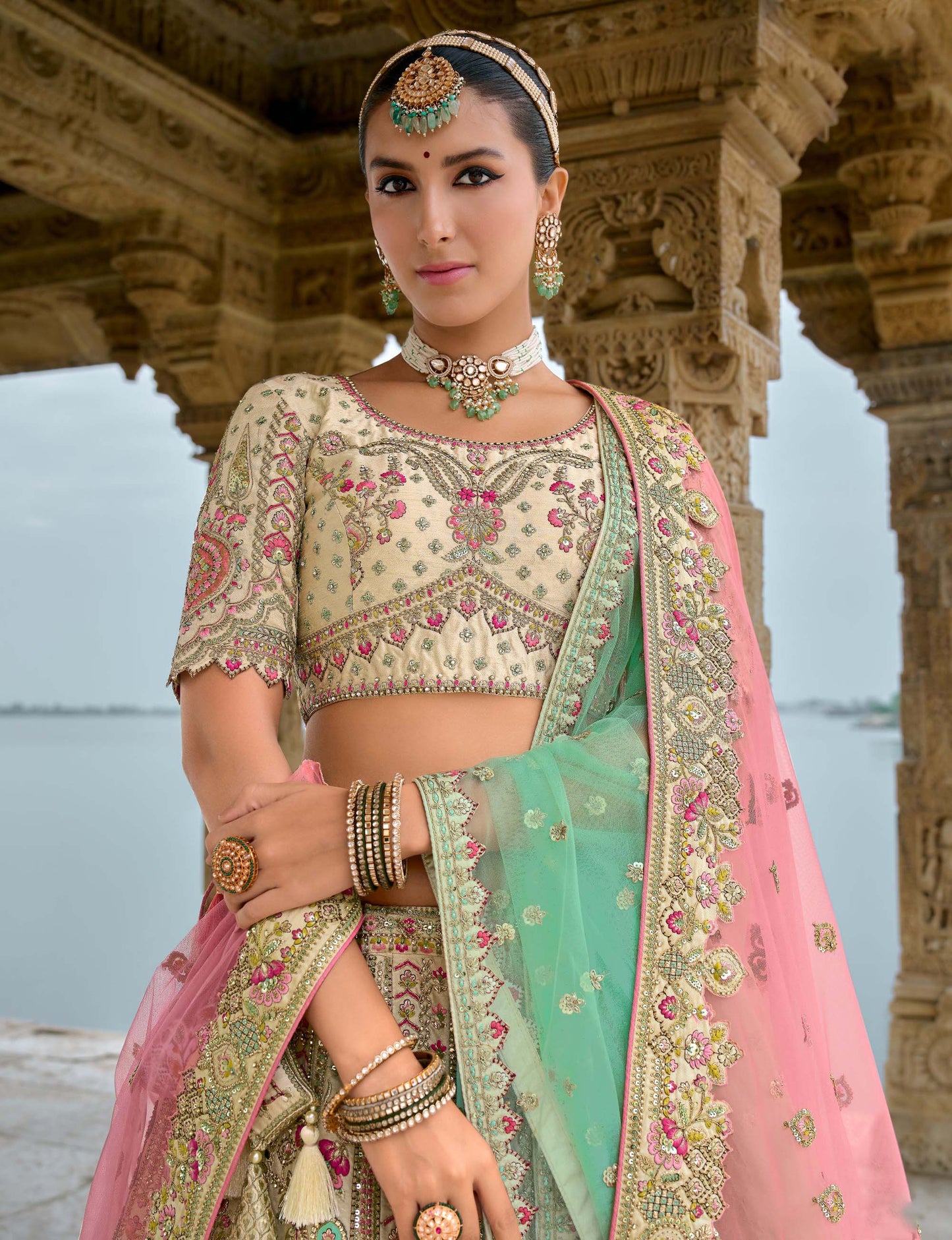 Cream Heavy Zari and Sequins Embroidery Silk Bridal Lehenga