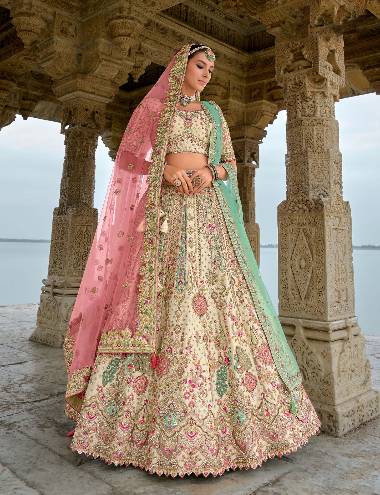 Cream Heavy Zari and Sequins Embroidery Silk Bridal Lehenga