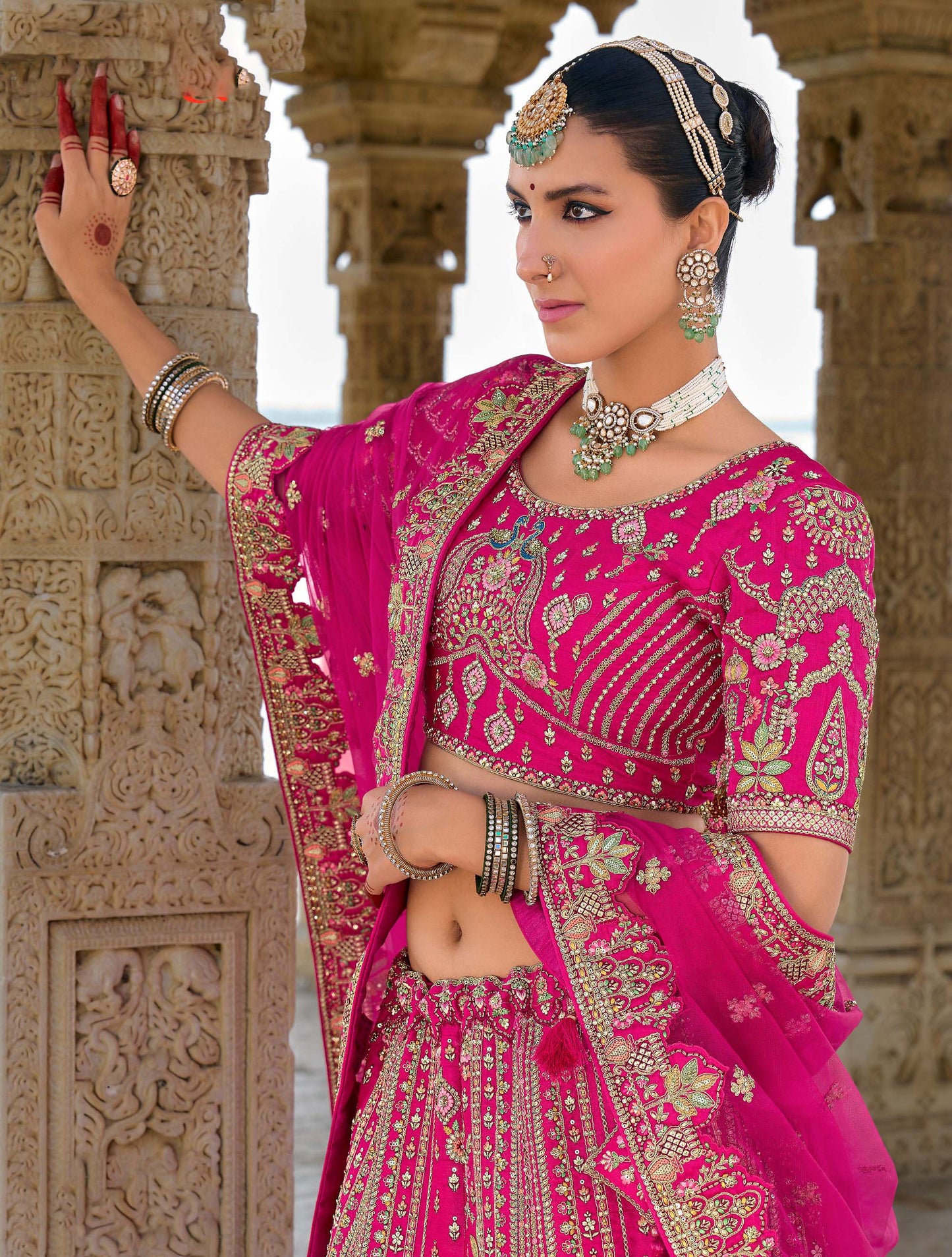 Dark Pink Heavy Zari and Sequins Embroidery Silk Bridal Lehenga