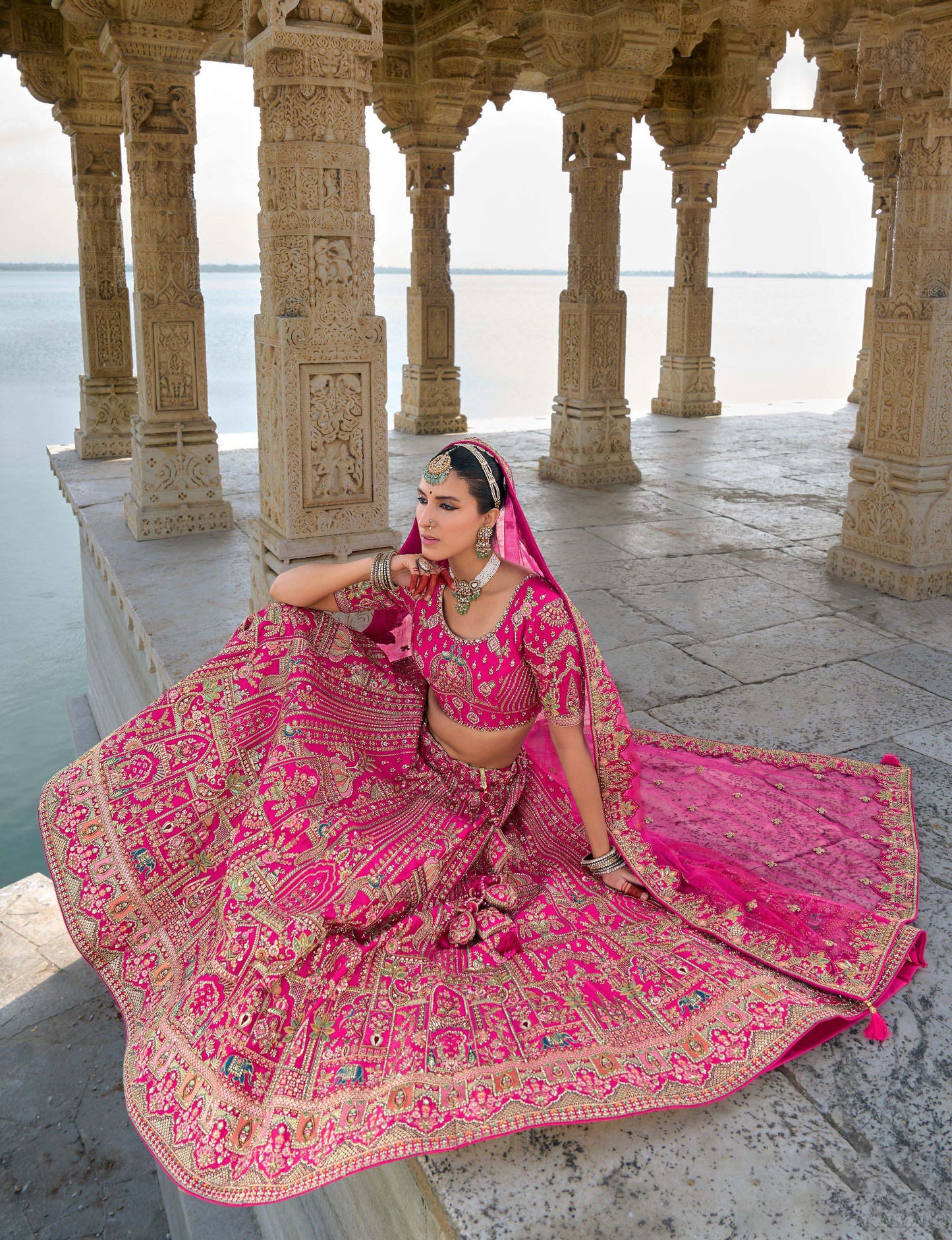 Dark Pink Heavy Zari and Sequins Embroidery Silk Bridal Lehenga