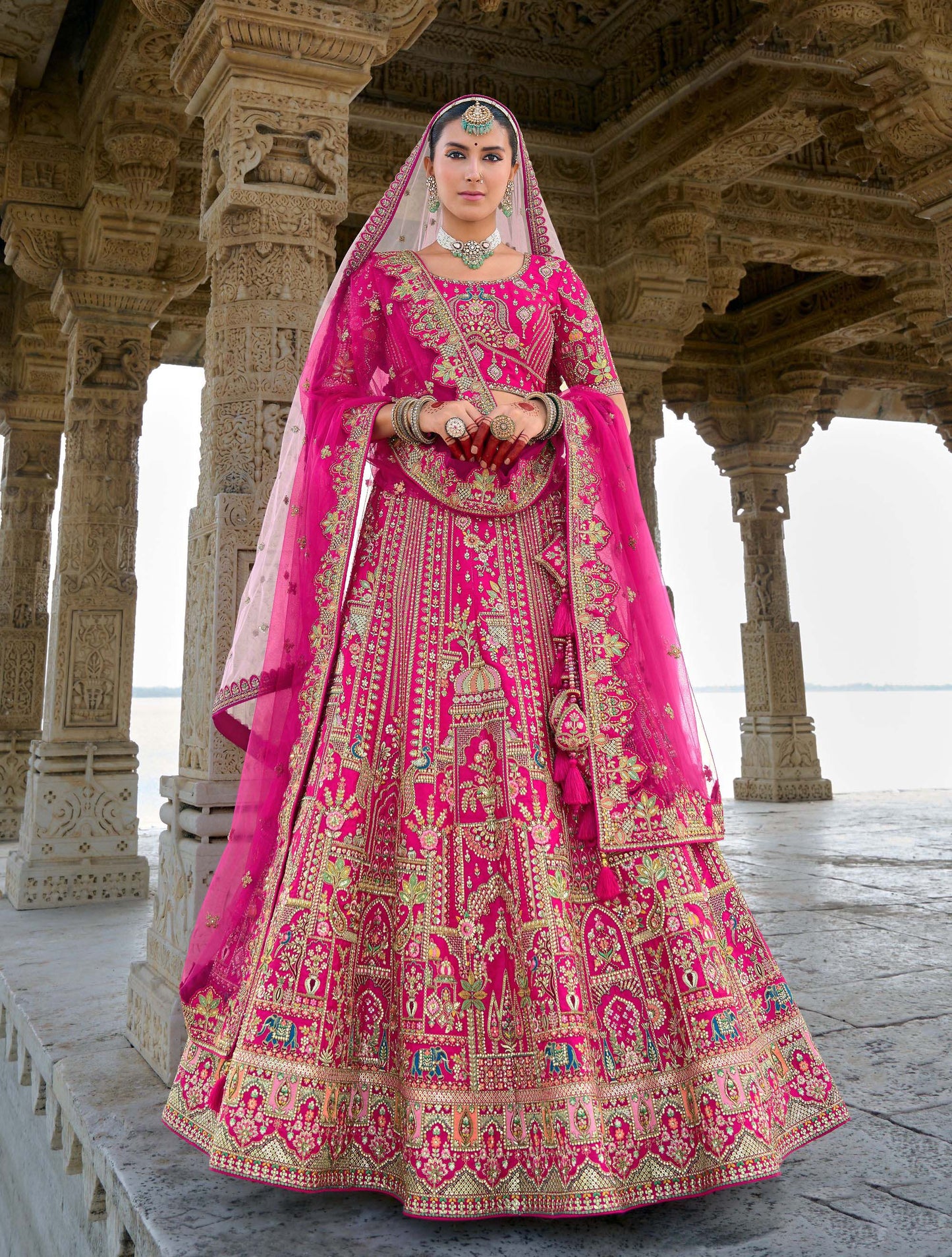 Dark Pink Heavy Zari and Sequins Embroidery Silk Bridal Lehenga